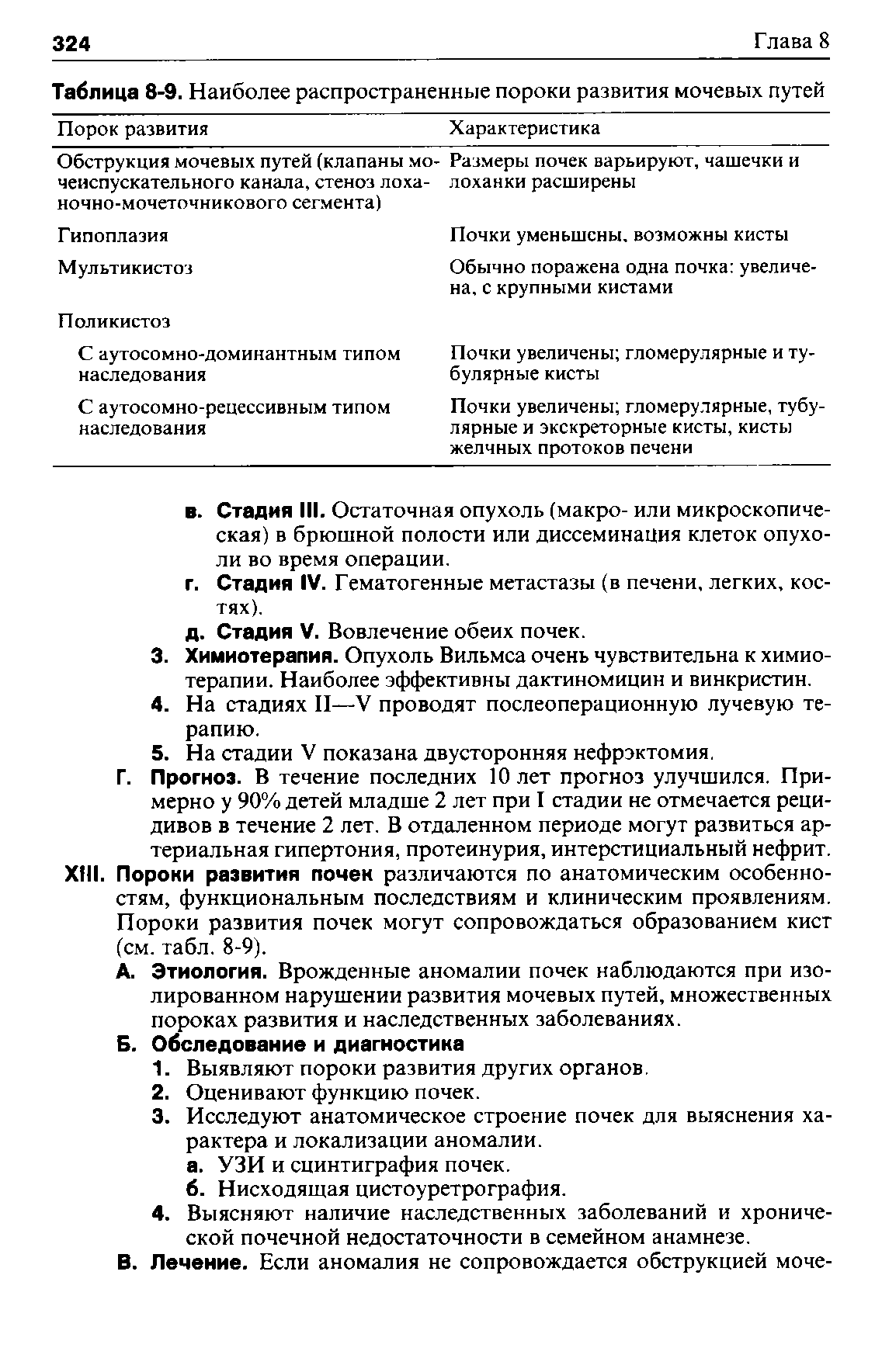 Таблица 8-9. Наиболее распространенные пороки развития мочевых путей ...