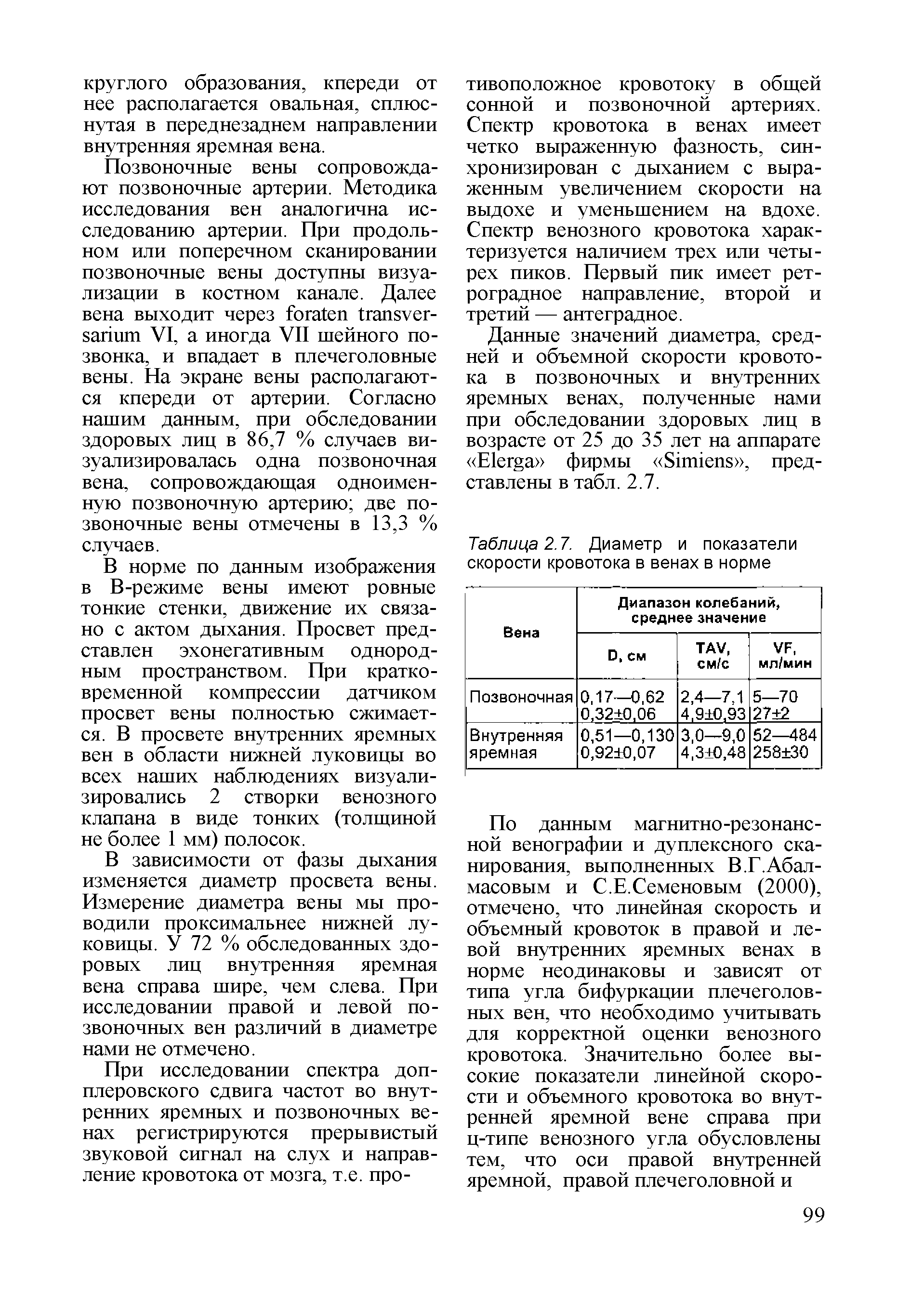 Таблица 2.7. Диаметр и показатели скорости кровотока в венах в норме...