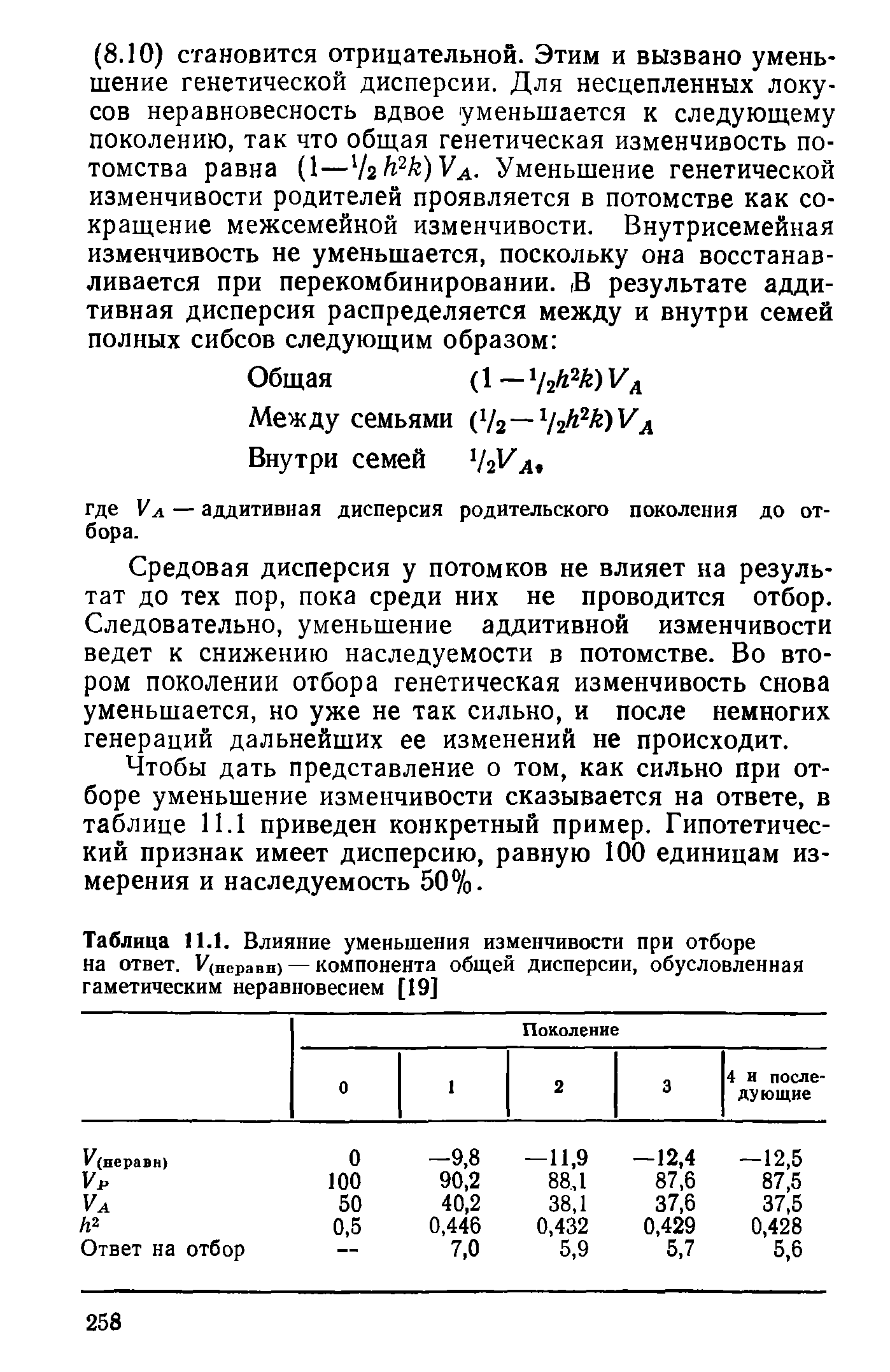 Таблица 11.1. Влияние уменьшения изменчивости при отборе на ответ. У(Неравп) — компонента общей дисперсии, обусловленная гаметическим неравновесием [19]...