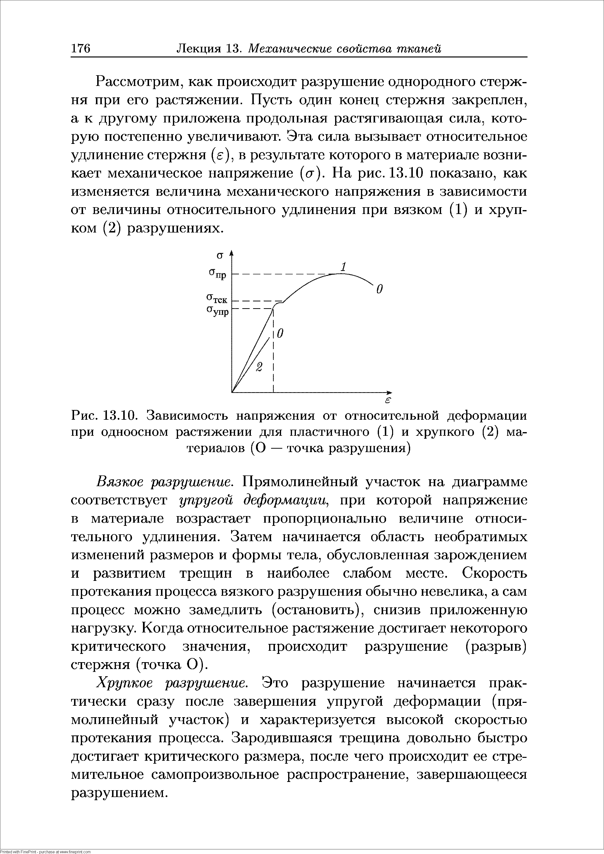 Рис. 13.10. Зависимость напряжения от относительной деформации при одноосном растяжении для пластичного (1) и хрупкого (2) материалов (О — точка разрушения)...