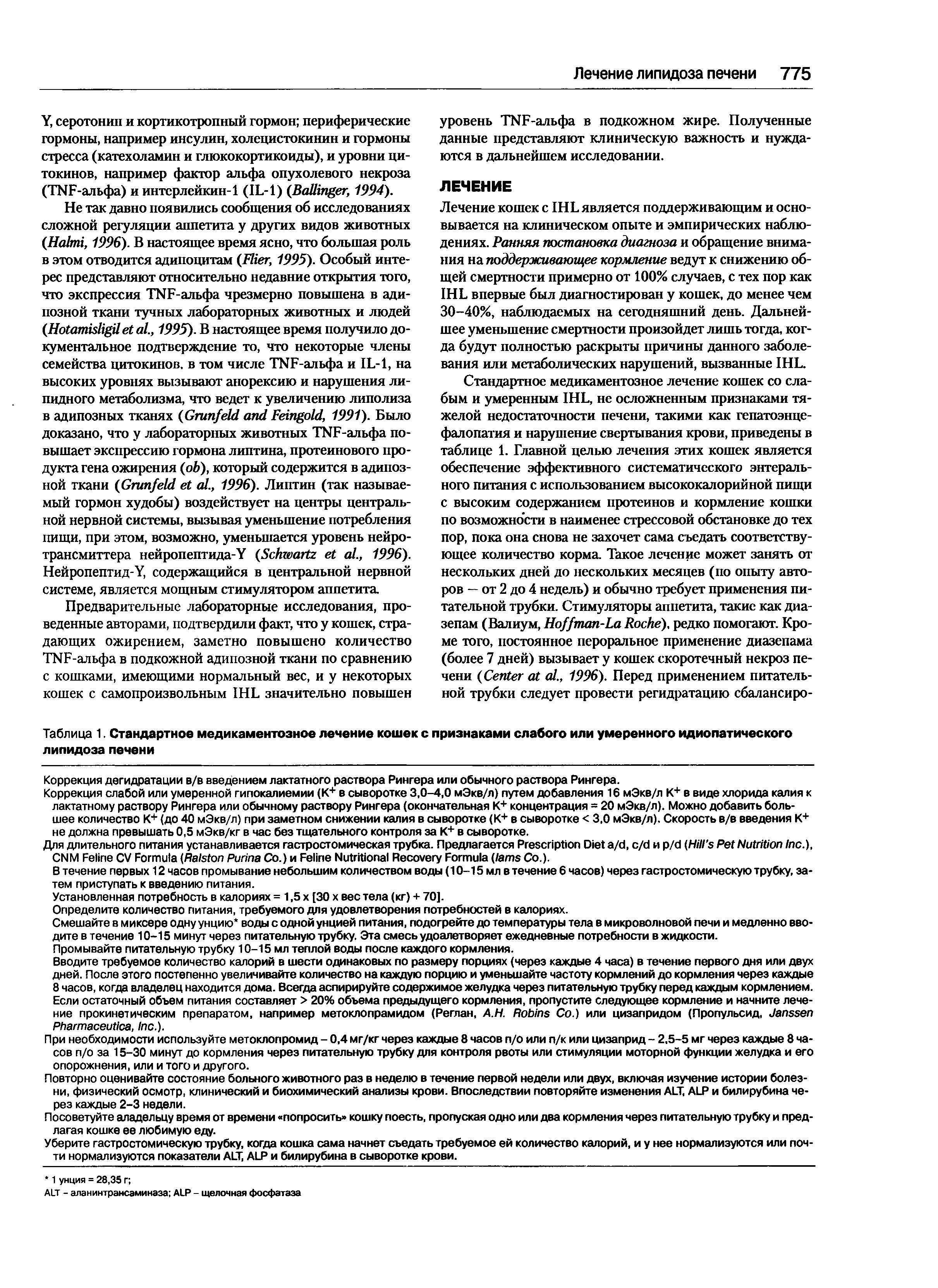 Таблица 1. Стандартное медикаментозное лечение кошек с признаками слабого или умеренного идиопатического липидоза печени...