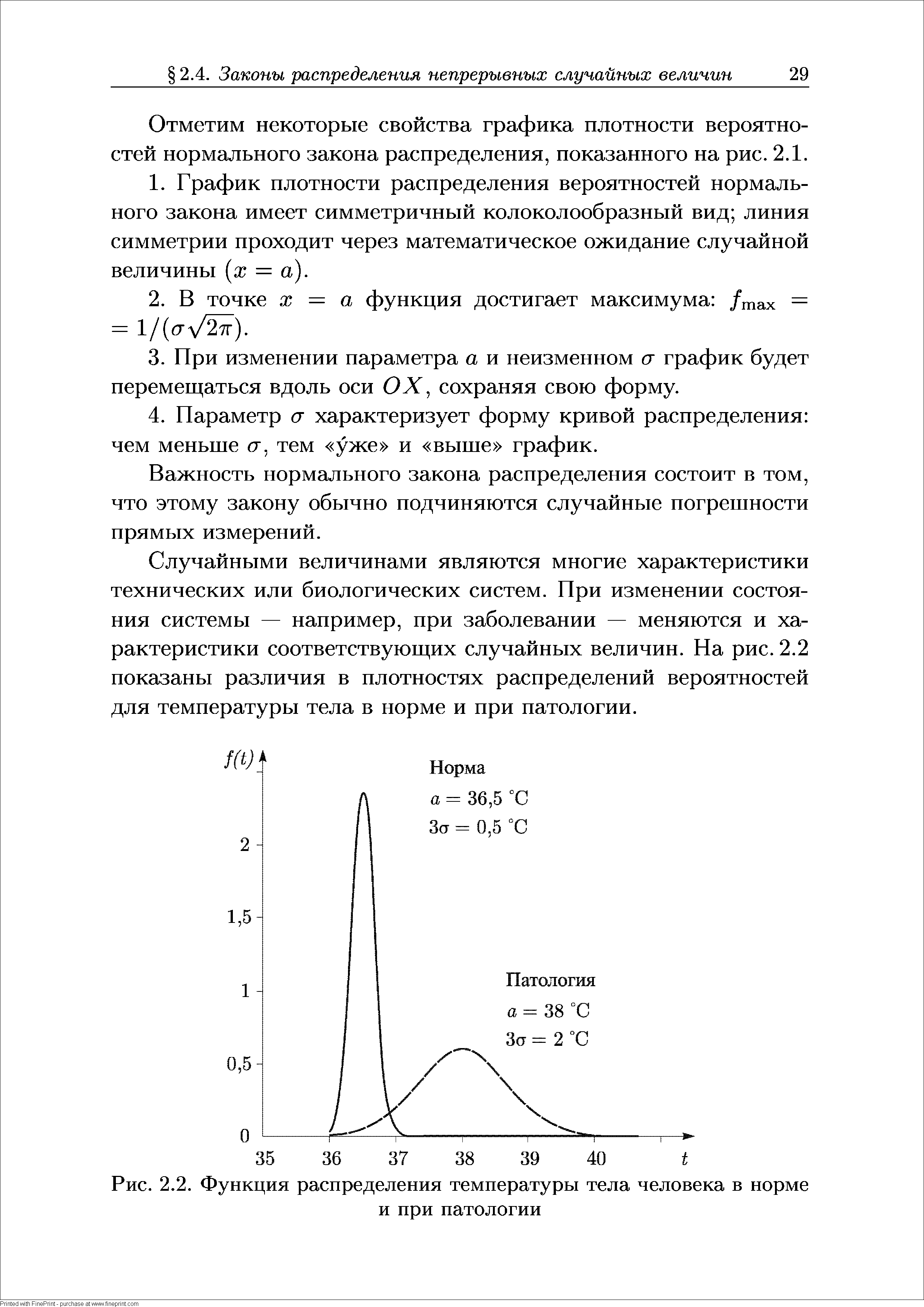 Рис. 2.2. Функция распределения температуры тела человека в норме и при патологии...