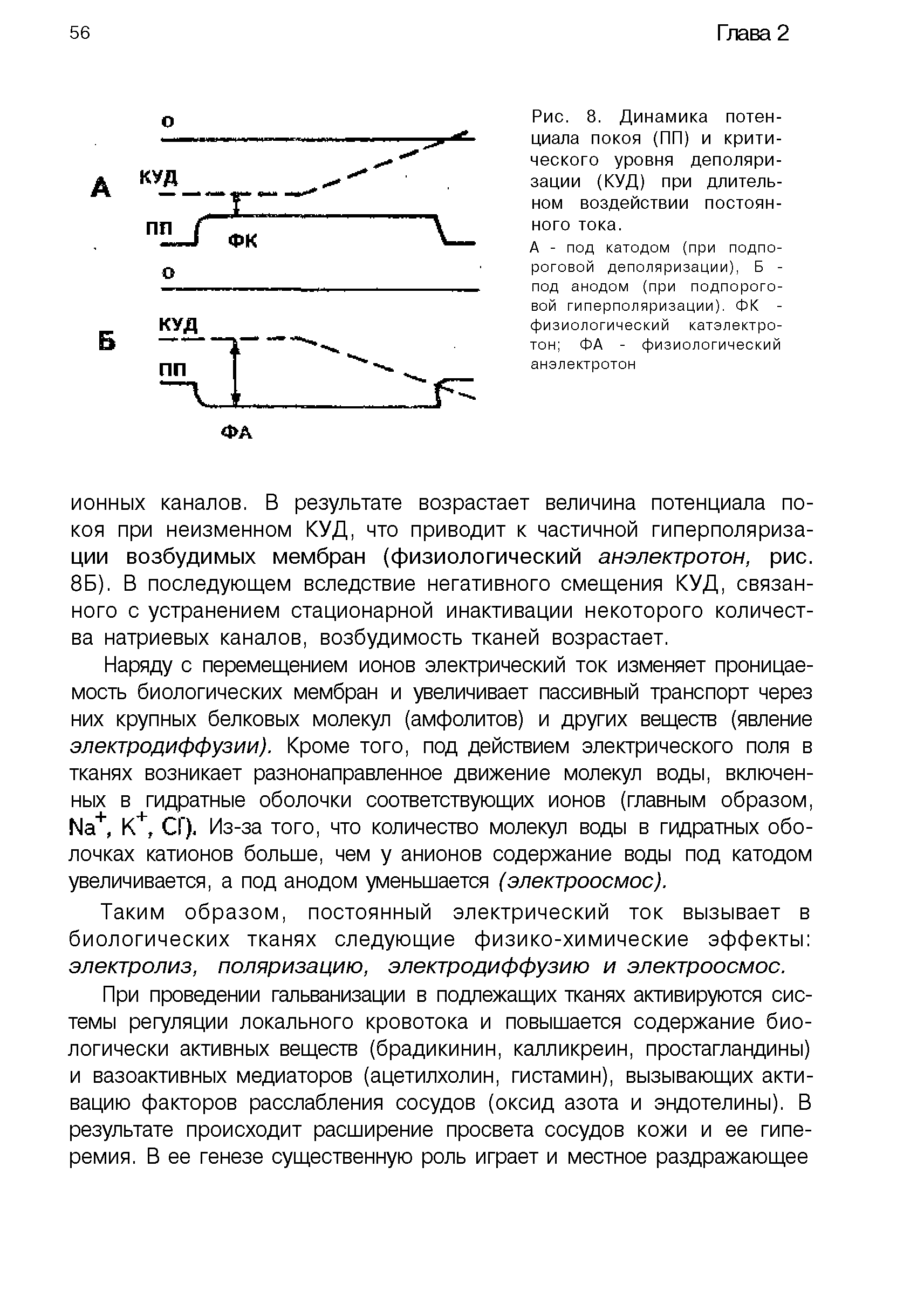 Рис. 8. Динамика потенциала покоя (ПП) и критического уровня деполяризации (КУД) при длительном воздействии постоянного тока.