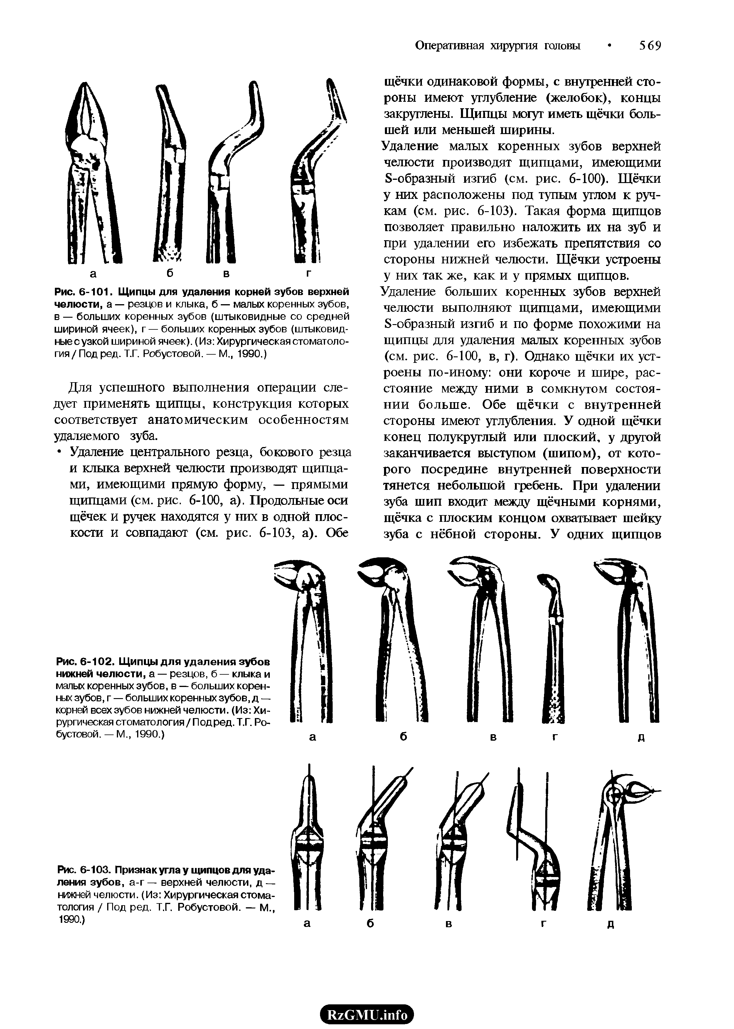 Рис. 6-102. Щипцы для удаления зубов нижней челюсти, а — резцов, б — клыка и малых коренных зубов, в — больших коренных зубов, г — больших коренных зубов, д — корней всех зубов нижней челюсти. (Из Хирургическая стоматология / Под ред. Т.Г. Ро-...