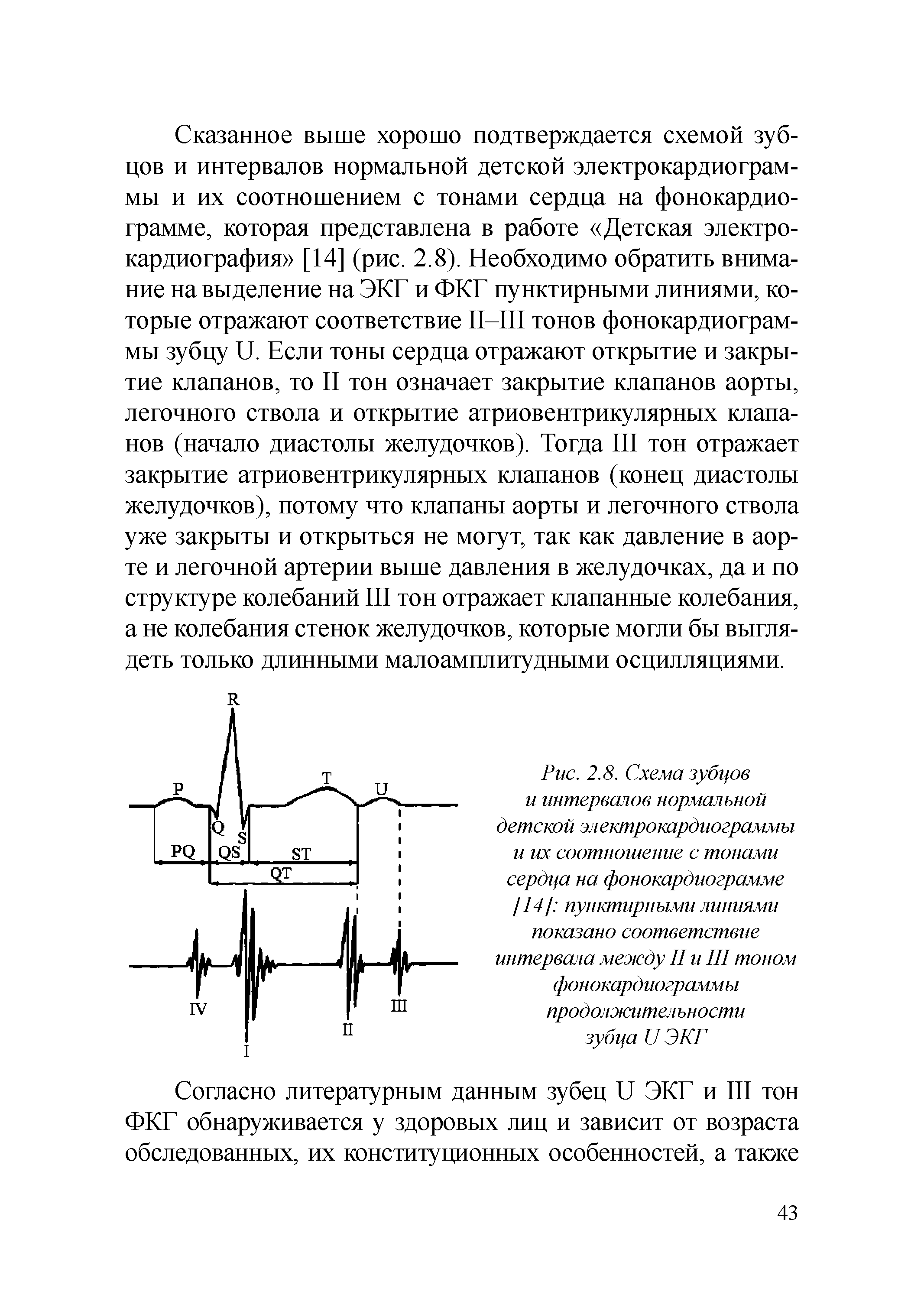 Рис. 2.8. Схема зубцов и интервалов нормальной детской электрокардиограммы и их соотношение с тонами сердца на фонокардиограмме [14] пунктирными линиями показано соответствие интервала между II и III тоном фонокардиограммы продолжительности зубца II ЭКГ...