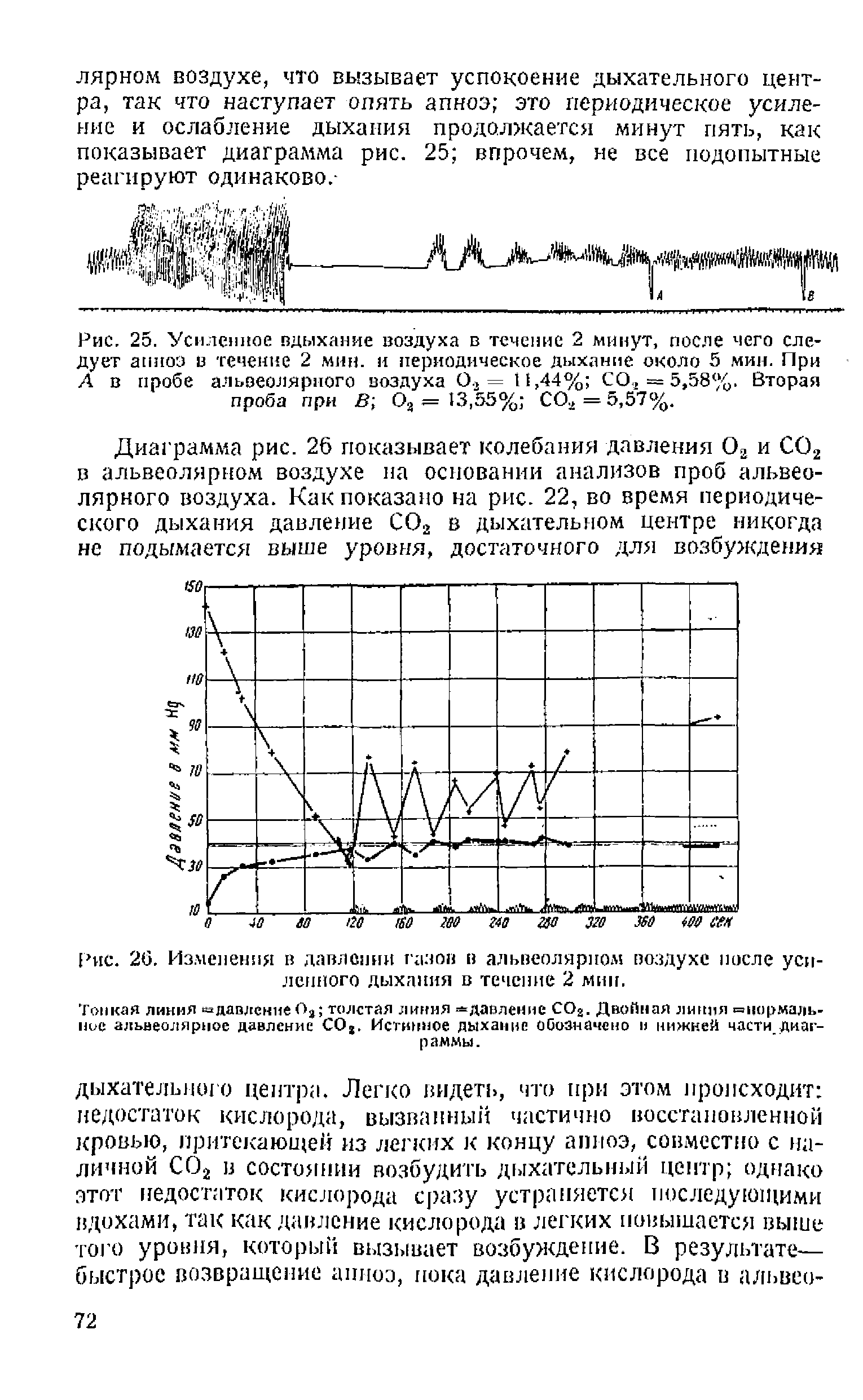 Рис. 25. Усиленное вдыхание воздуха в течение 2 минут, после чего следует апноэ в течение 2 мин. и периодическое дыхание около 5 мин. При А в пробе альвеолярного воздуха 0.2 = 11,44% СО,г = 5,58%. Вторая проба при В О3 = 1.3,55% СО2=5,57%.