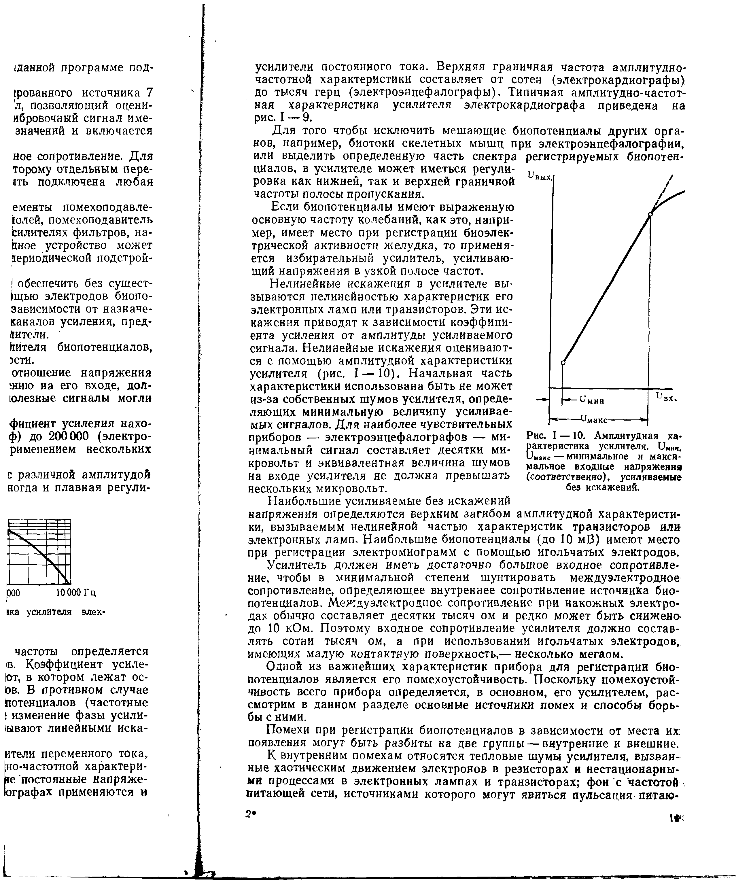 Рис. I — 10. Амплитудная характеристика усилителя. имня. им>хс — минимальное и максимальное входные напряжения (соответственно), усиливаемые без искажений.