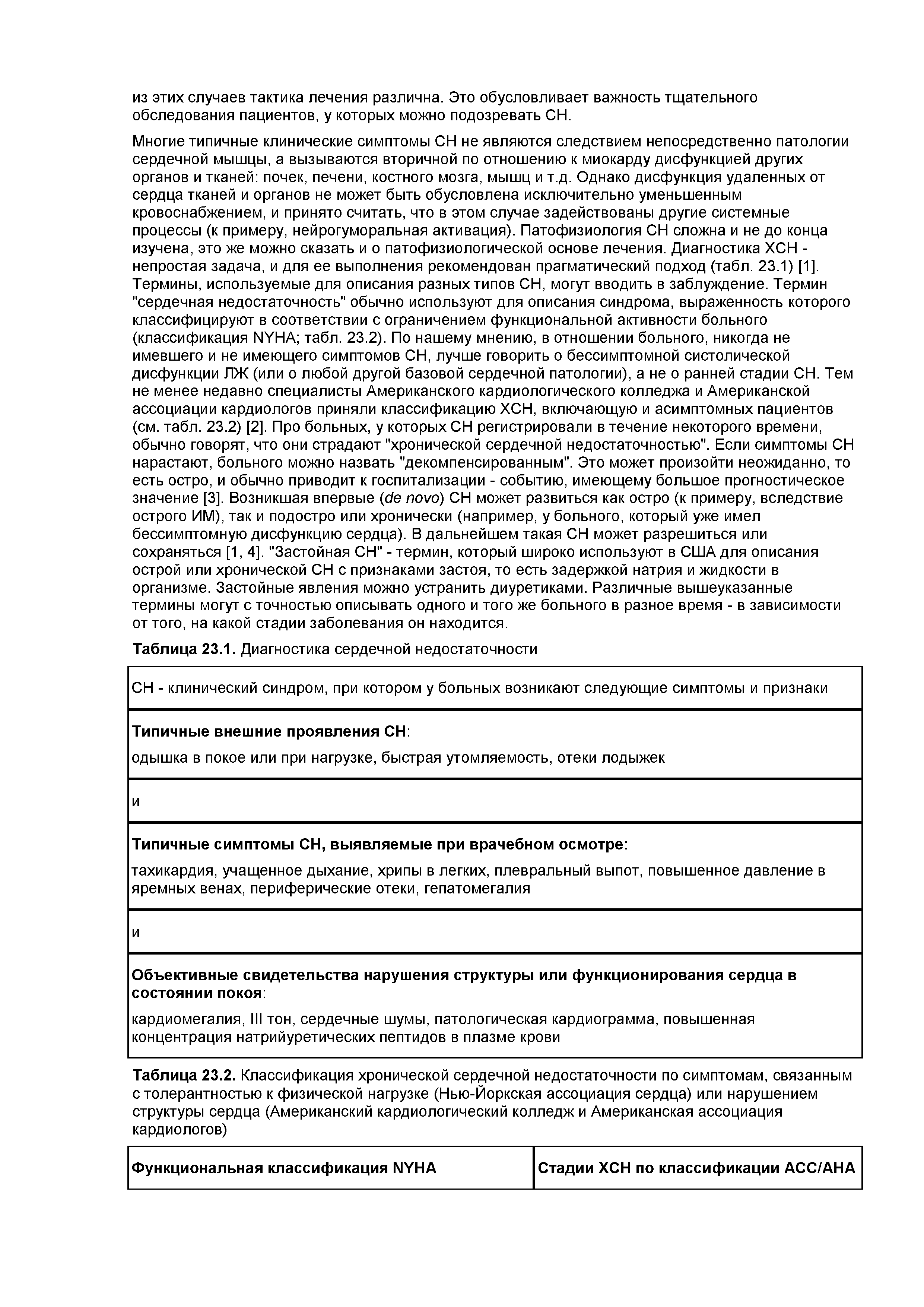 Таблица 23.2. Классификация хронической сердечной недостаточности по симптомам, связанным с толерантностью к физической нагрузке (Нью-Йоркская ассоциация сердца) или нарушением структуры сердца (Американский кардиологический колледжи Американская ассоциация кардиологов)...