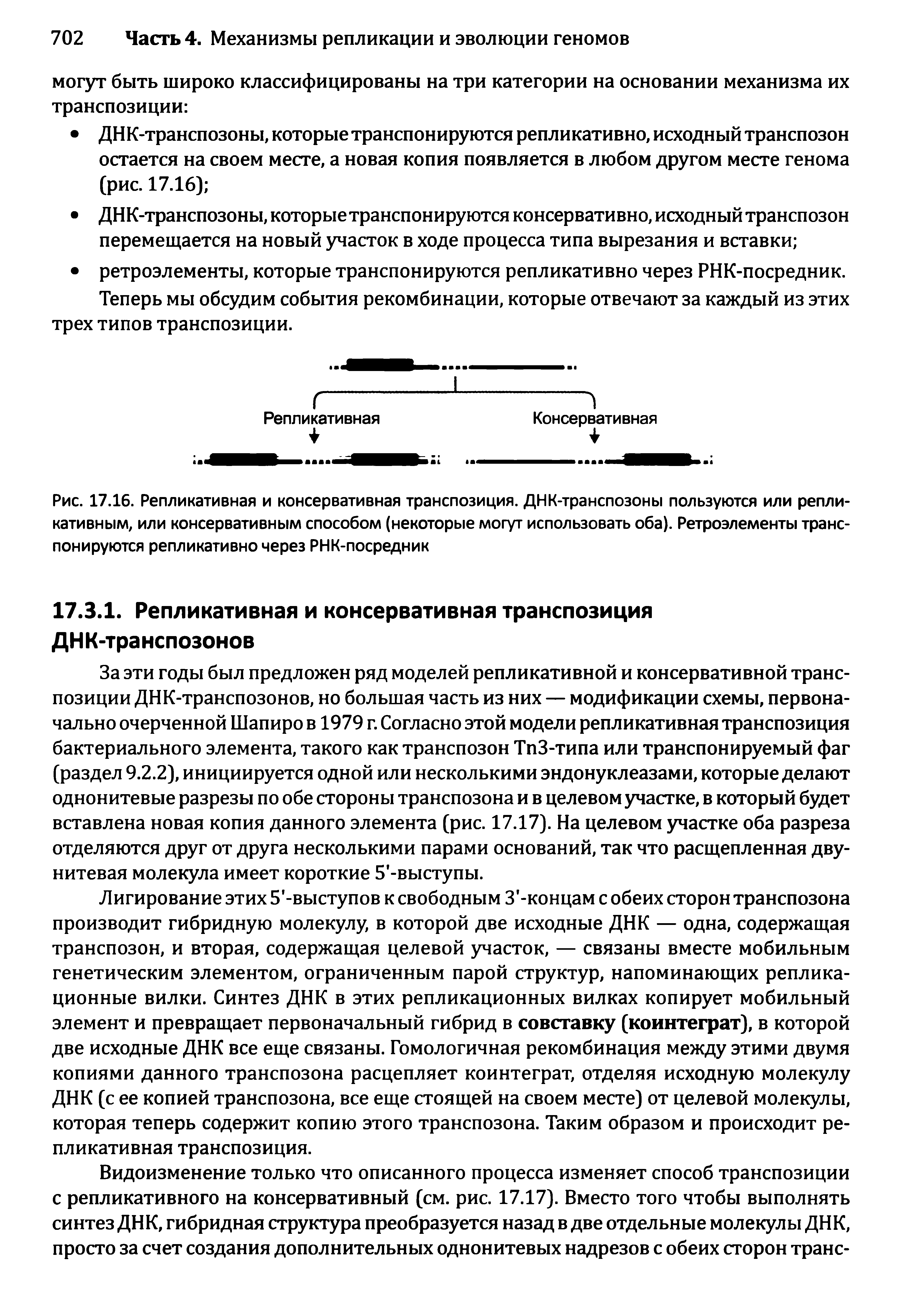 Рис. 17.16. Репликативная и консервативная транспозиция. ДНК-транспозоны пользуются или репликативным, или консервативным способом (некоторые могут использовать оба). Ретроэлементы транспонируются репликативно через РНК-посредник...