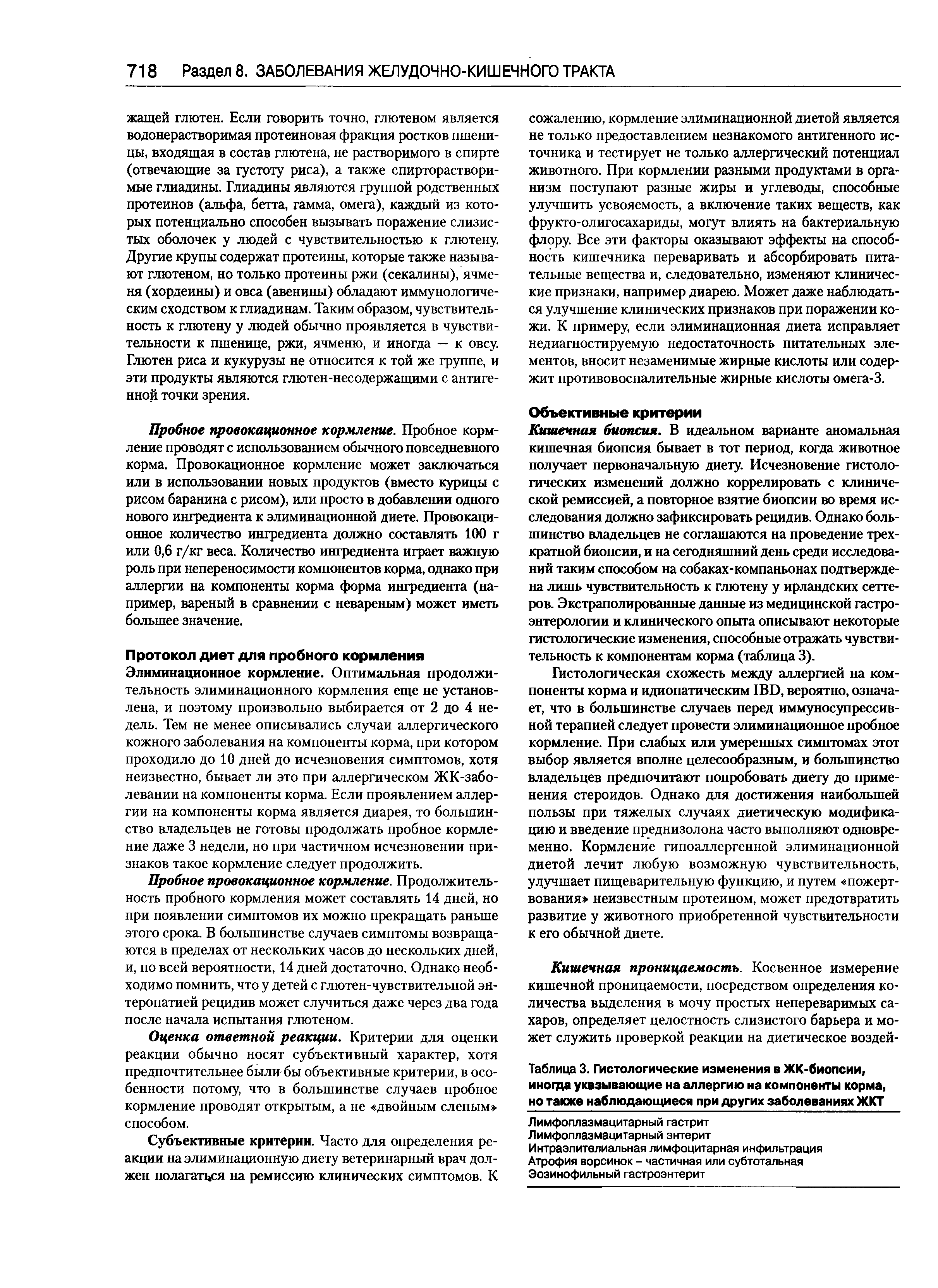 Таблица 3. Гистологические изменения в ЖК-биопсии, иногда указывающие на аллергию на компоненты корма, но также наблюдающиеся при других заболеваниях ЖКТ Лимфоплазмацитарный гастрит...