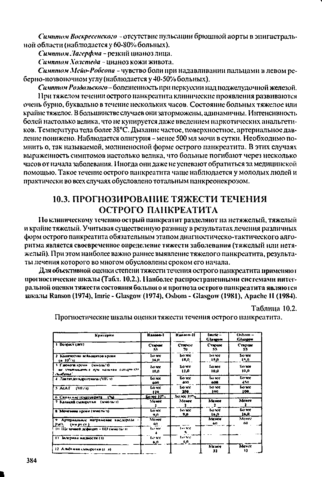 Таблица 10.2. Прогностические шкалы оценки тяжести течения острого панкреатита.