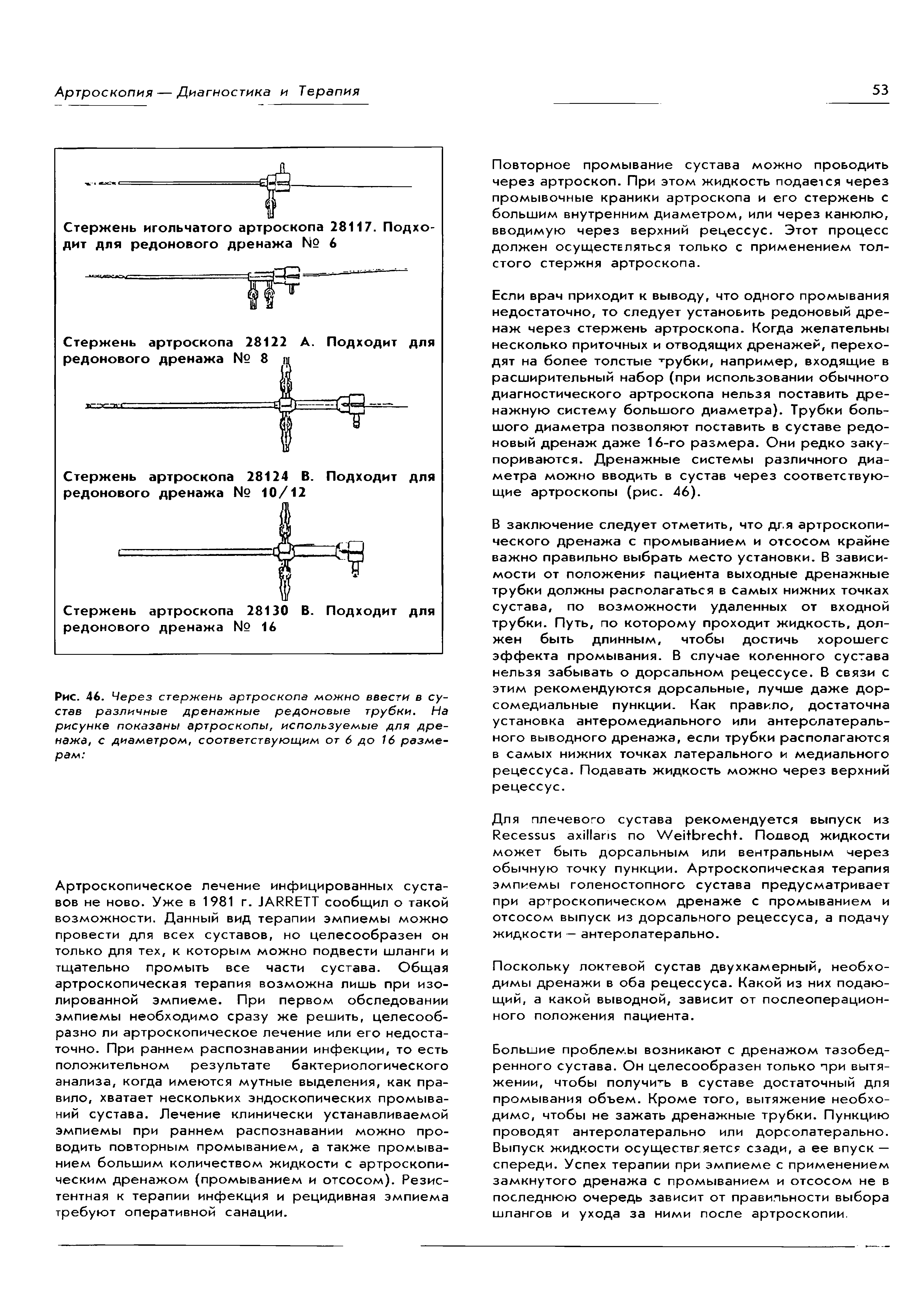 Рис. 46. Через стержень артроскопа можно ввести в сустав различные дренажные редоновые трубки. На рисунке показаны артроскопы, используемые для дренажа, с диаметром, соответствующим от 6 до 16 размерам ...