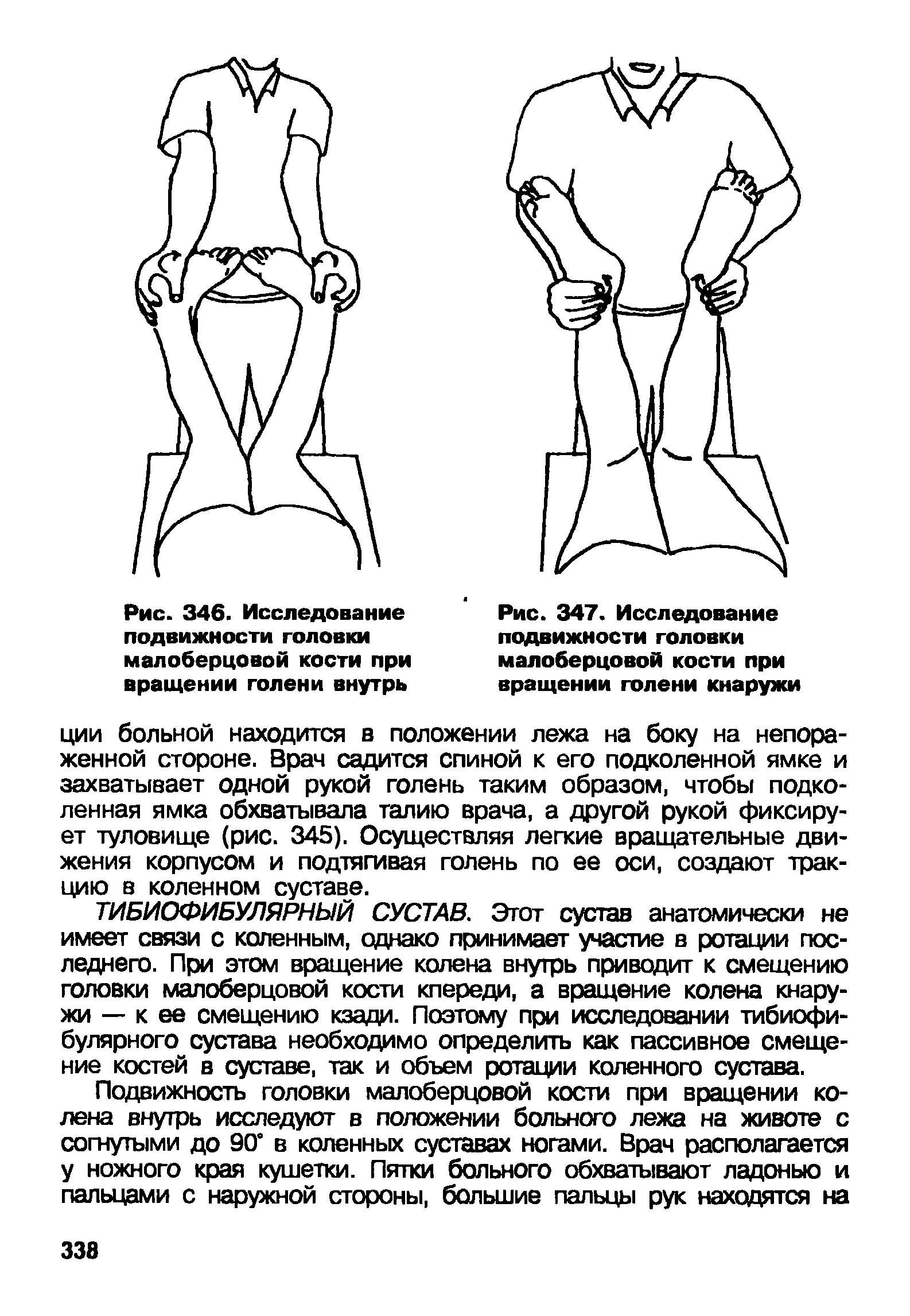 Рис. 347. Исследование подвижности головки малоберцовой кости при вращении голени кнаружи...