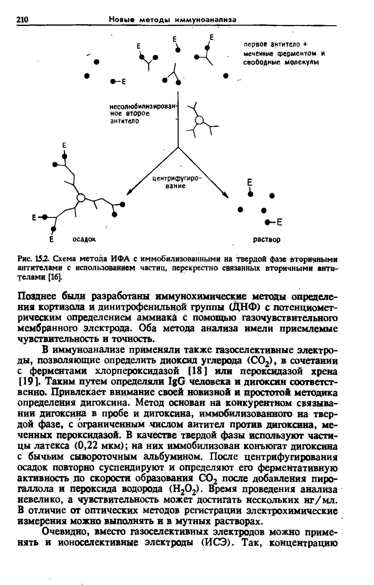 Рис. 152. Схема метода ИФА с иммобилизованными на твердой фазе вторичными антителами с использованием частиц, перекрестно связанных вторичными анти--телами [16].