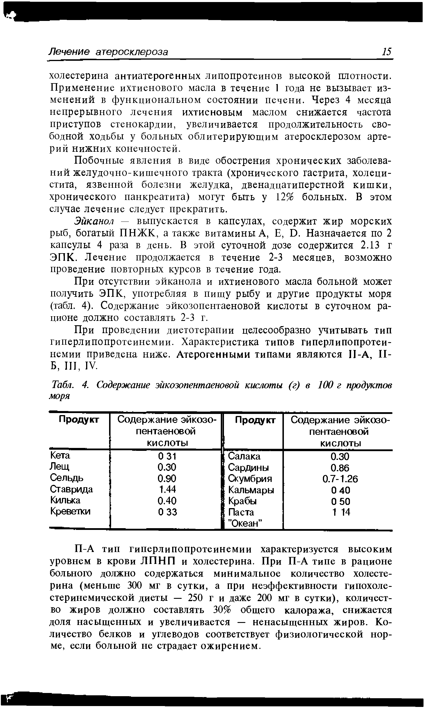 Табл. 4. Содержание эйкозопентаеновой кислоты (г) в 100 г продуктов моря...