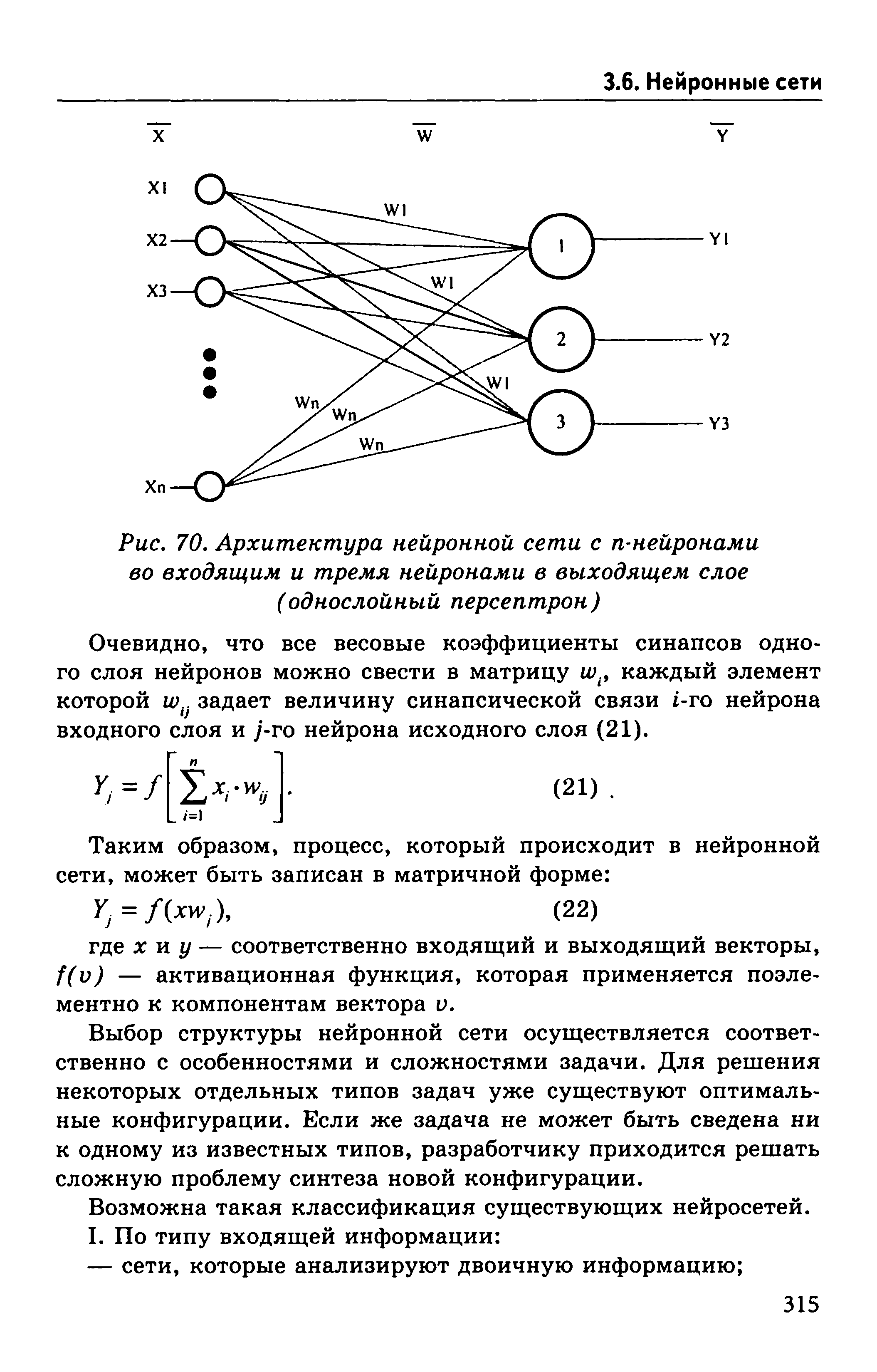 Рис. 70. Архитектура нейронной сети с п-нейронами во входящим и тремя нейронами в выходящем слое (однослойный персептрон)...