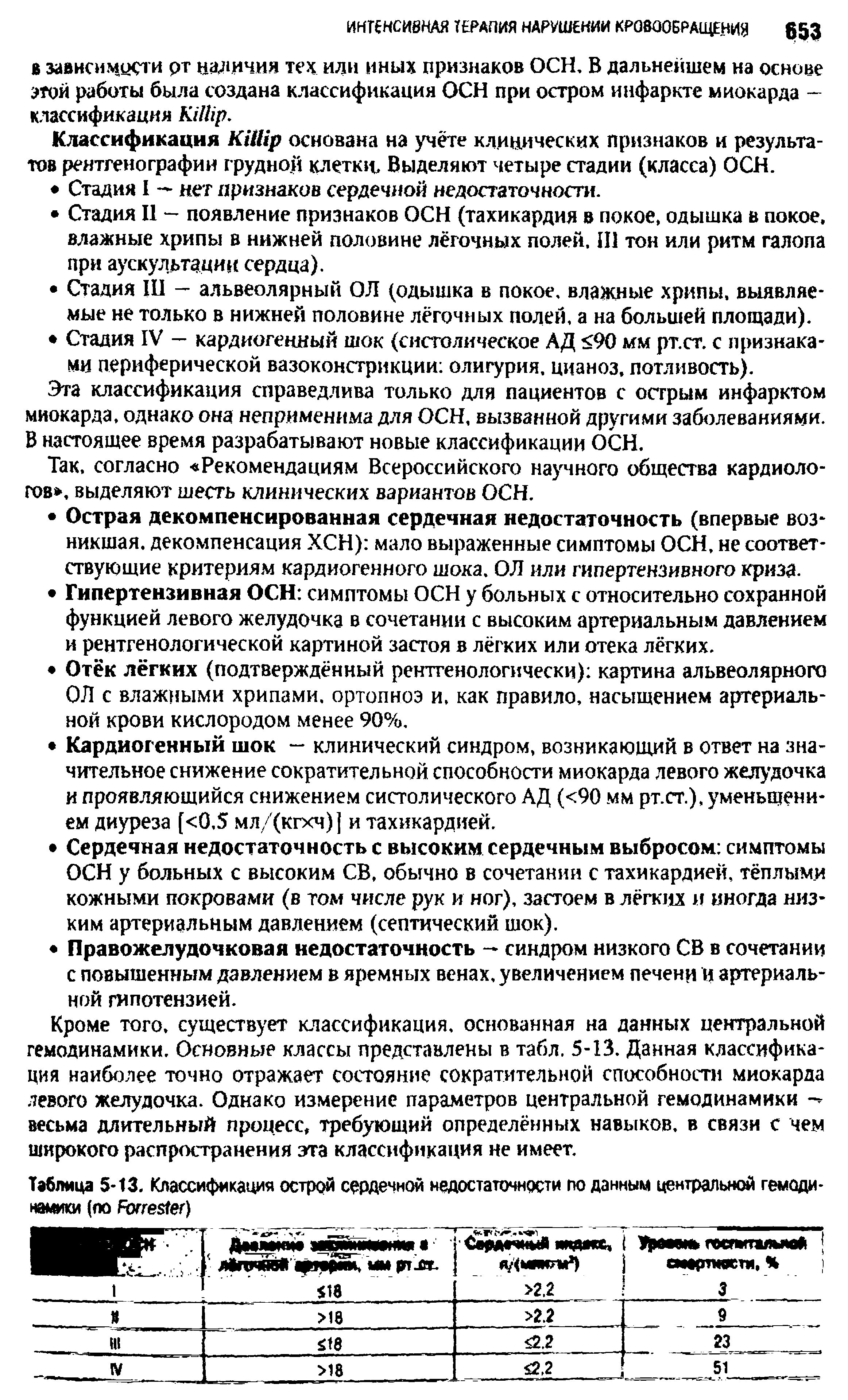 Таблица 5-13. Классификация острой сердечной недостаточности по данным центральной гемодинамики (по F )...