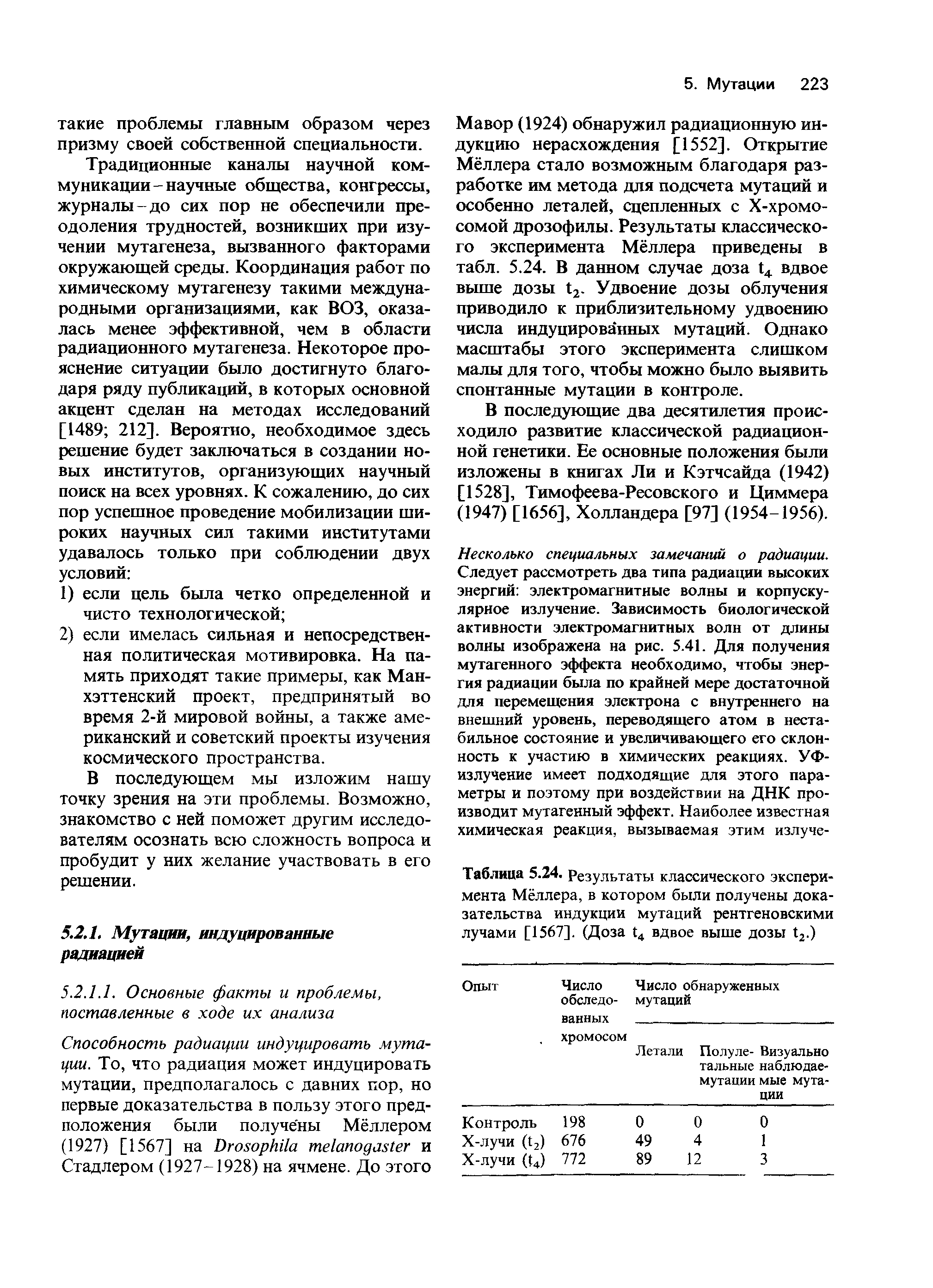 Таблица 5.24. Результаты классического эксперимента Мёллера, в котором были получены доказательства индукции мутаций рентгеновскими лучами [1567]. (Доза 14 вдвое выше дозы Ц.)...