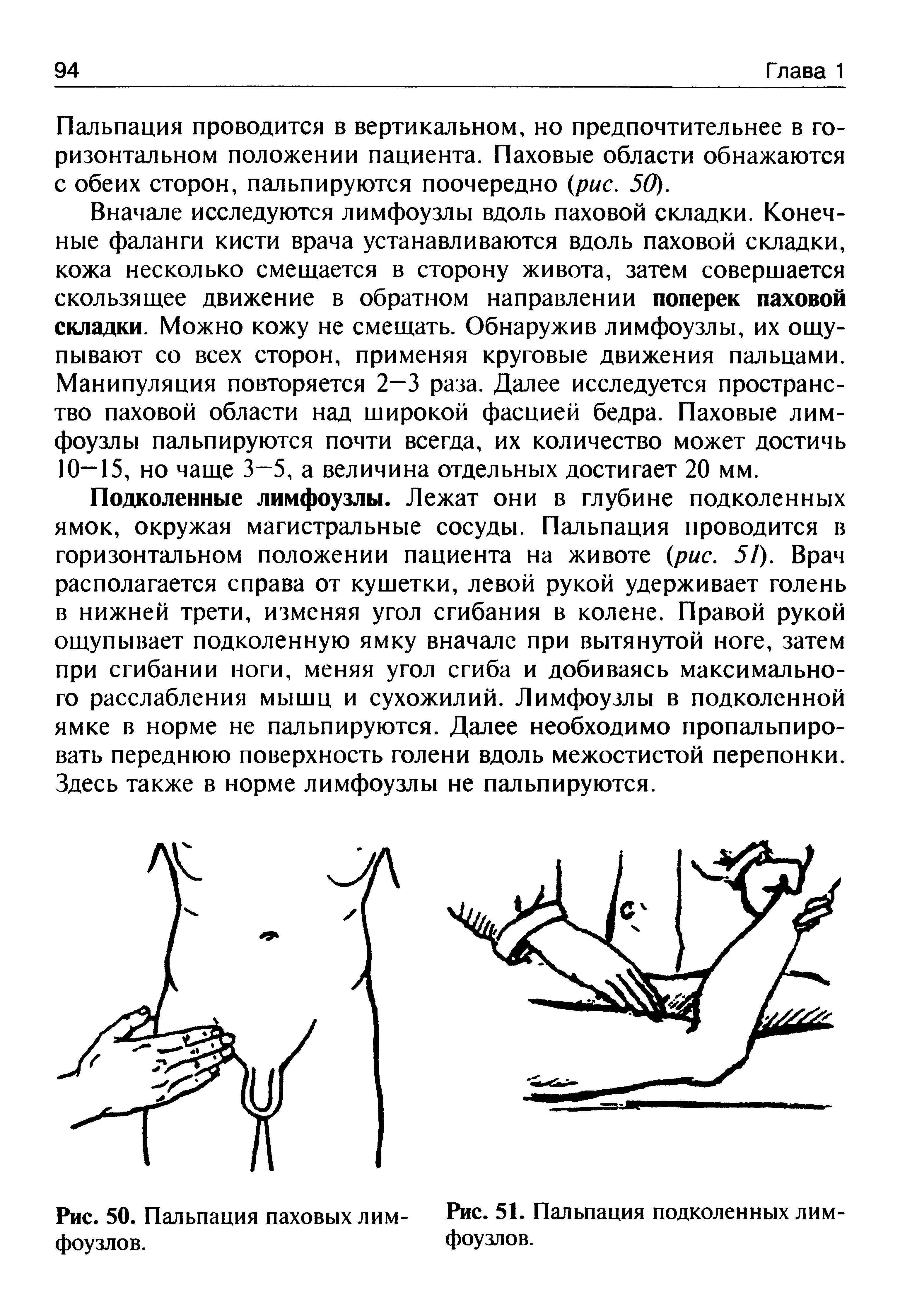 Рис. 50. Пальпация паховых лим- Рис. 51. Пальпация подколенных лимфоузлов. фоузлов.