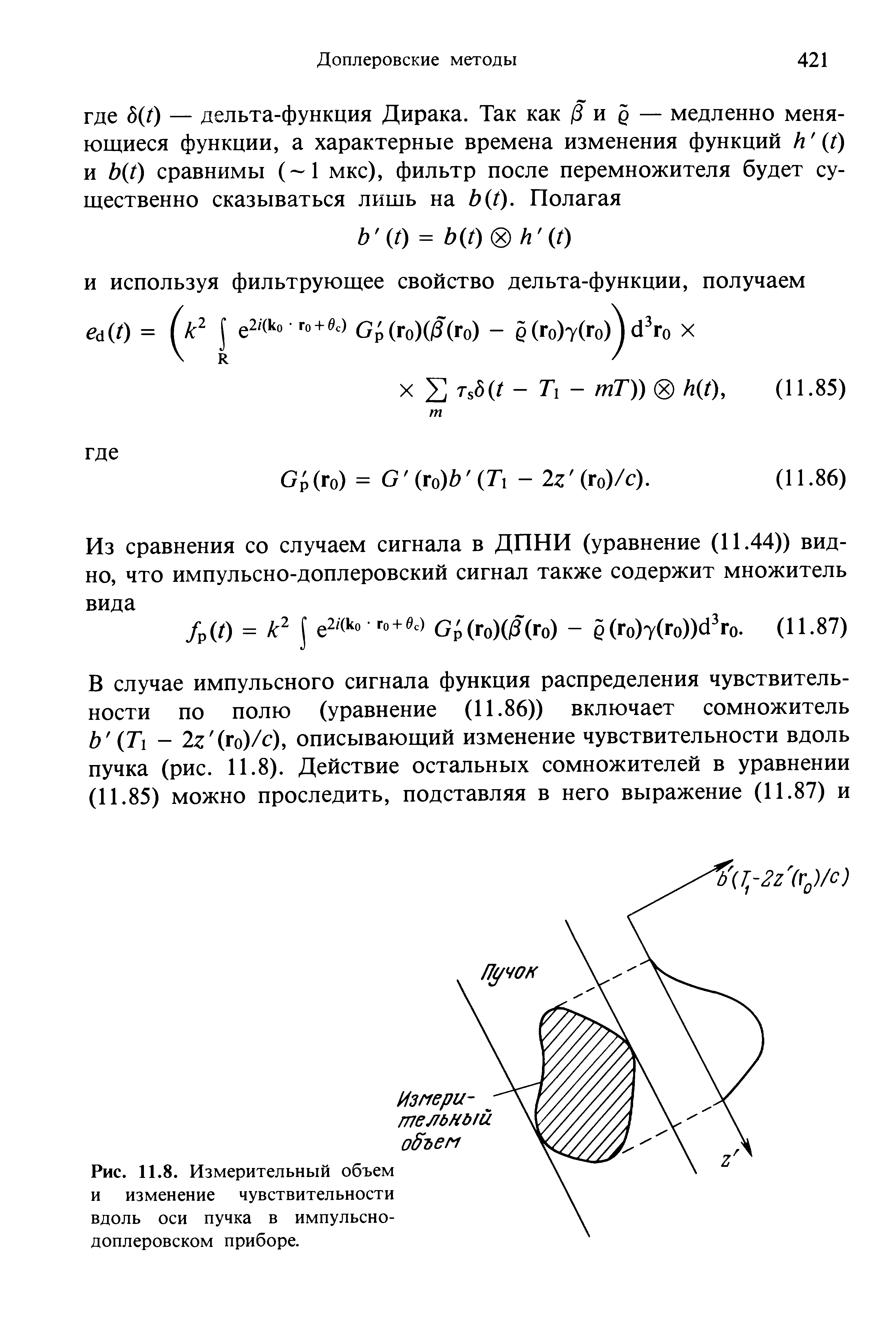 Рис. 11.8. Измерительный объем и изменение чувствительности вдоль оси пучка в импульснодоплеровском приборе.