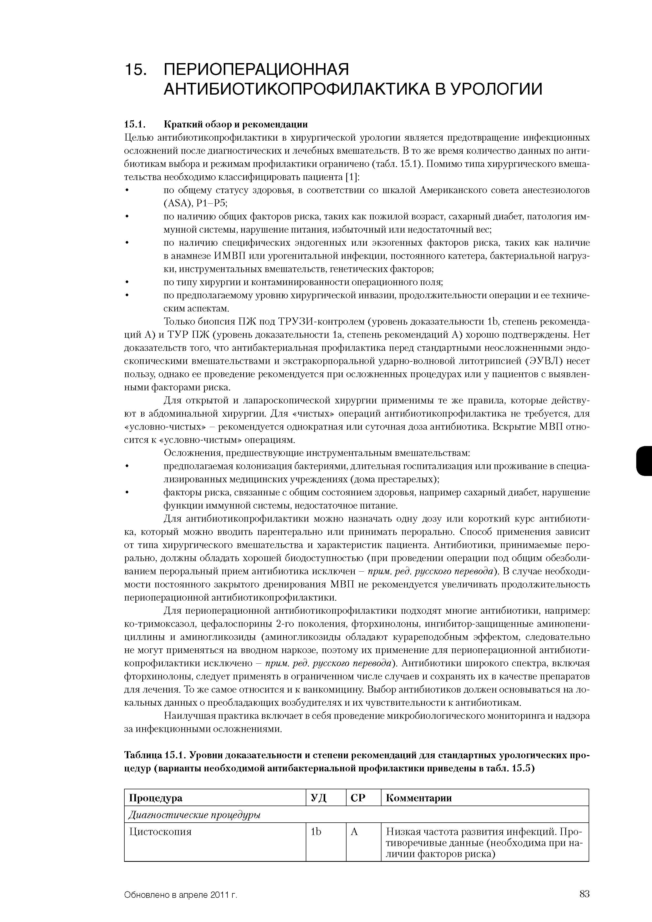 Таблица 15.1. Уровни доказательности и степени рекомендаций для стандартных урологических процедур (варианты необходимой антибактериальной профилактики приведены в табл. 15.5)...