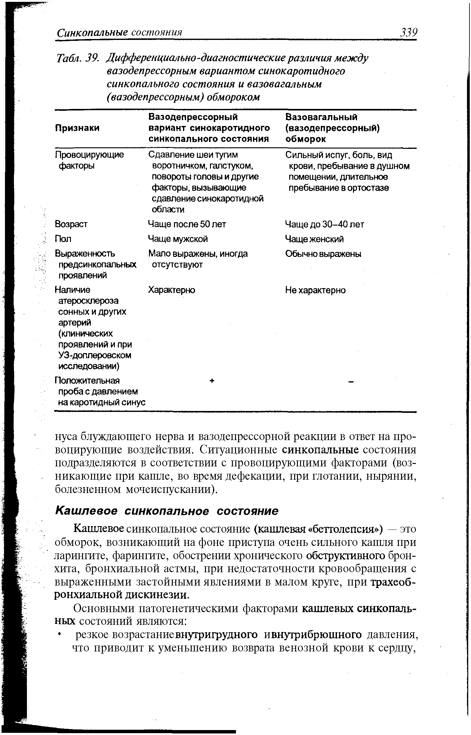 Табл. 39. Дифференциально-диагностические различия между вазодепрессорным вариантом синокаротидного синкопального состояния и вазовагальным (вазодепрессорным) обмороком ...