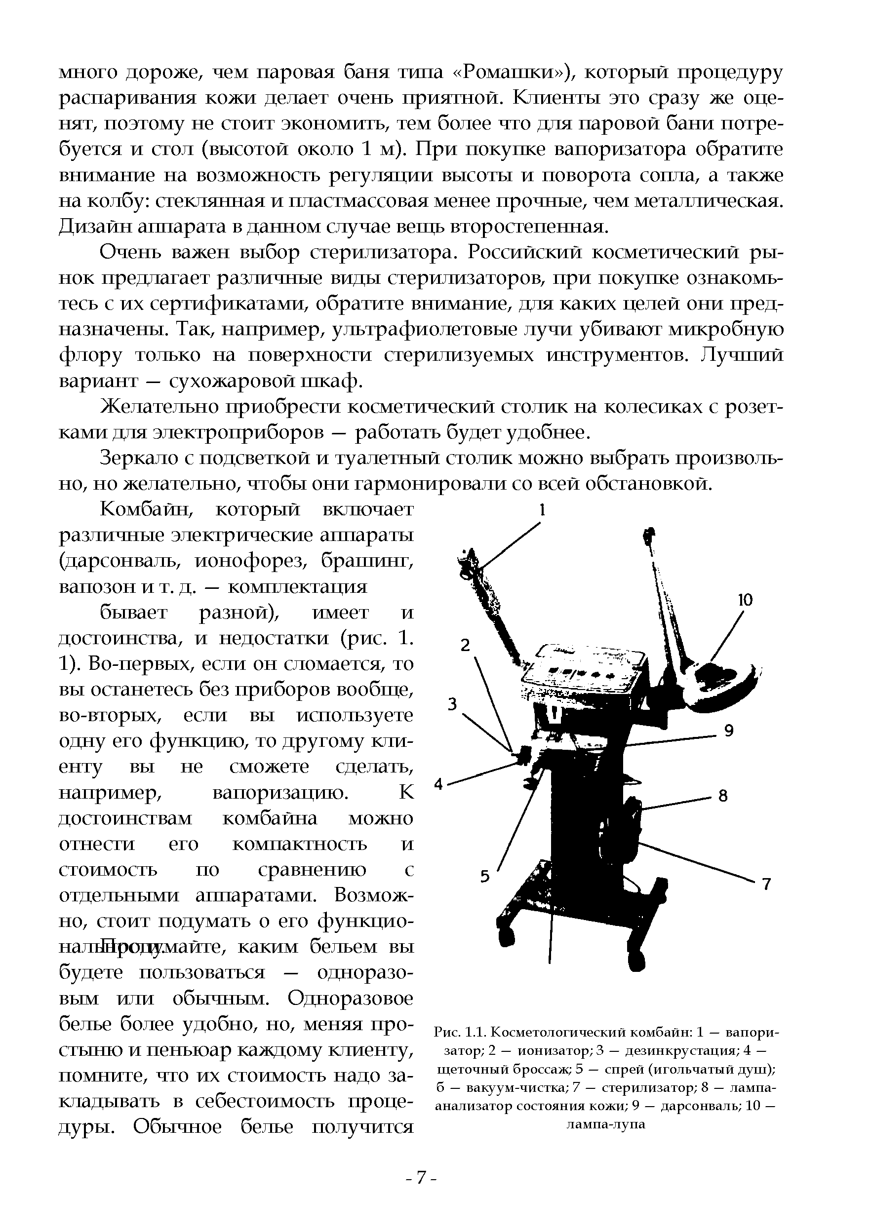 Рис. 1.1. Косметологический комбайн 1 — вапори-затор 2 — ионизатор 3 — дезинкрустация 4 — щеточный броссаж 5 — спрей (игольчатый душ) б — вакуум-чистка 7 — стерилизатор 8 — лампа-анализатор состояния кожи 9 — дарсонваль 10 — лампа-лупа...