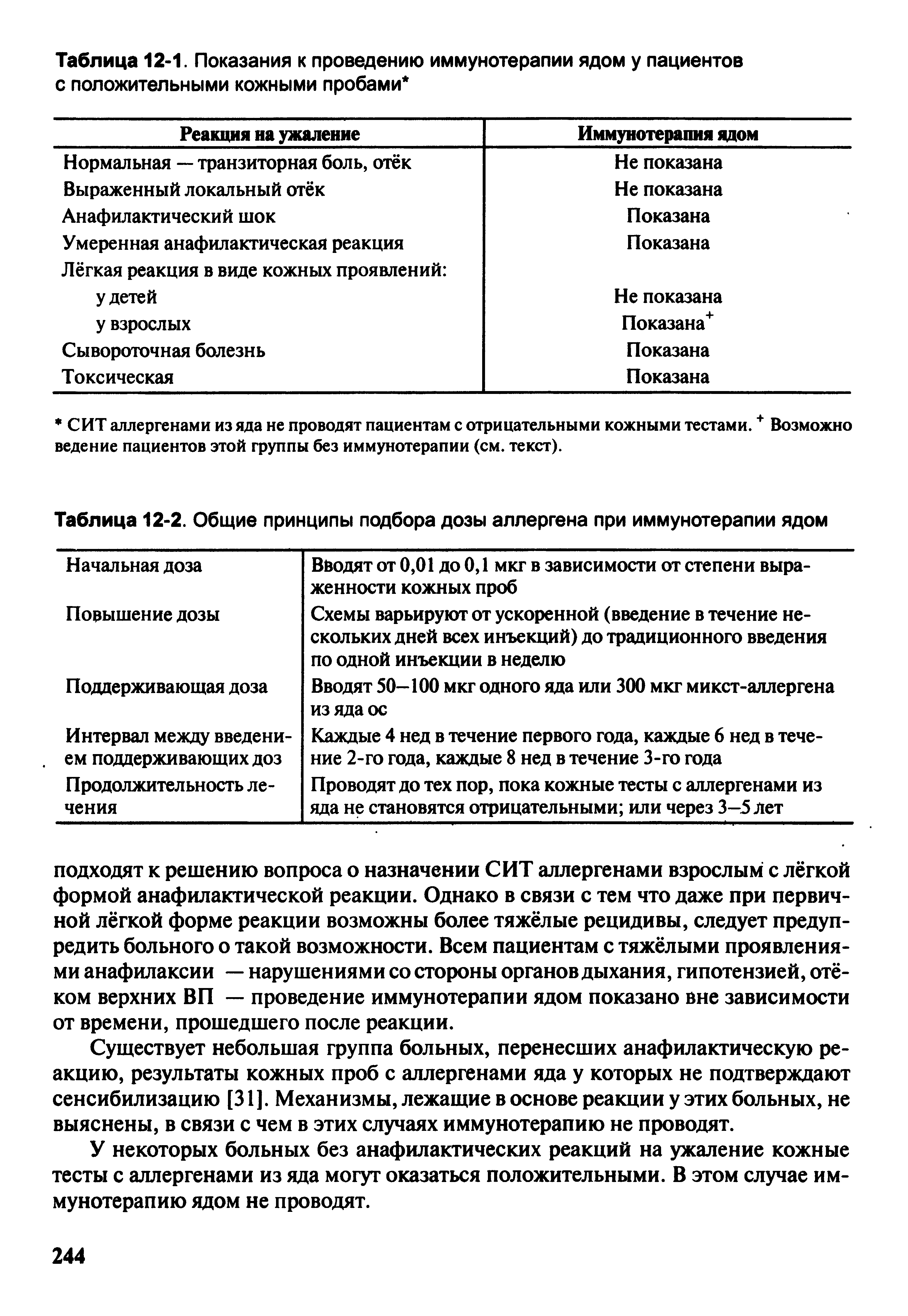 Таблица 12-2. Общие принципы подбора дозы аллергена при иммунотерапии ядом...