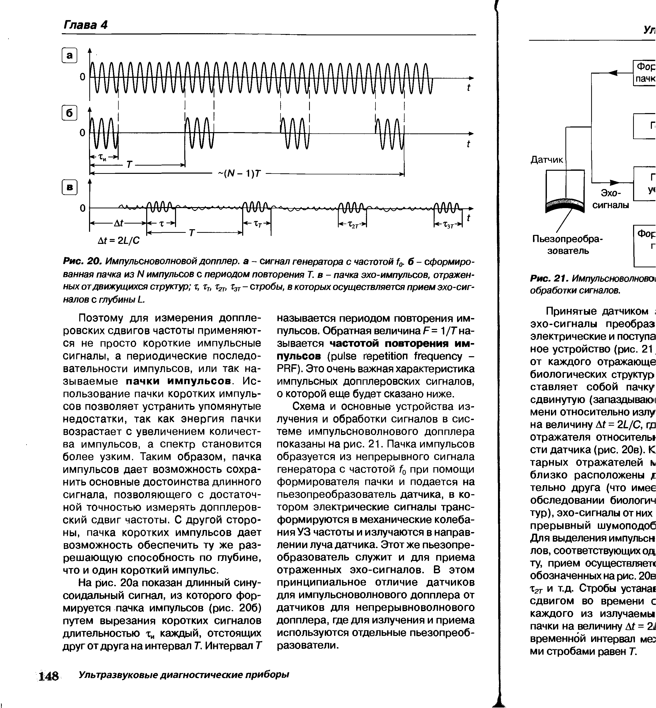 Рис. 20. Импульсноволновой допплер, а - сигнал генератора с частотой Го. б - сформированная пачка из N импульсов с периодом повторения Т. в- пачка эхо-импульсов, отраженных от движущихся структур т, тТ) %- стробы, в которых осуществляется прием эхо-сигналов с глубины Ь...