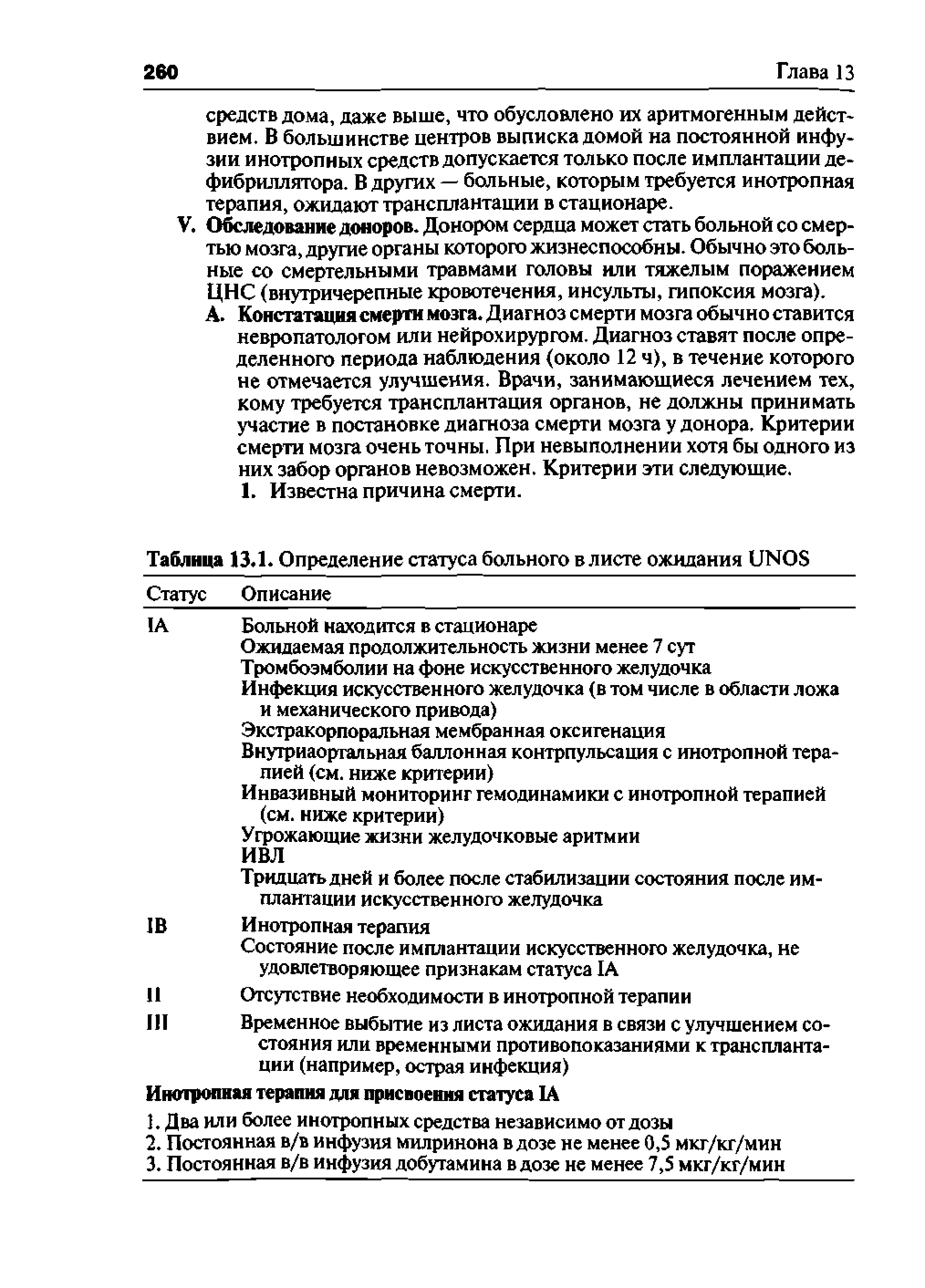 Таблица 13.1. Определение статуса больного в листе ожидания UNOS...