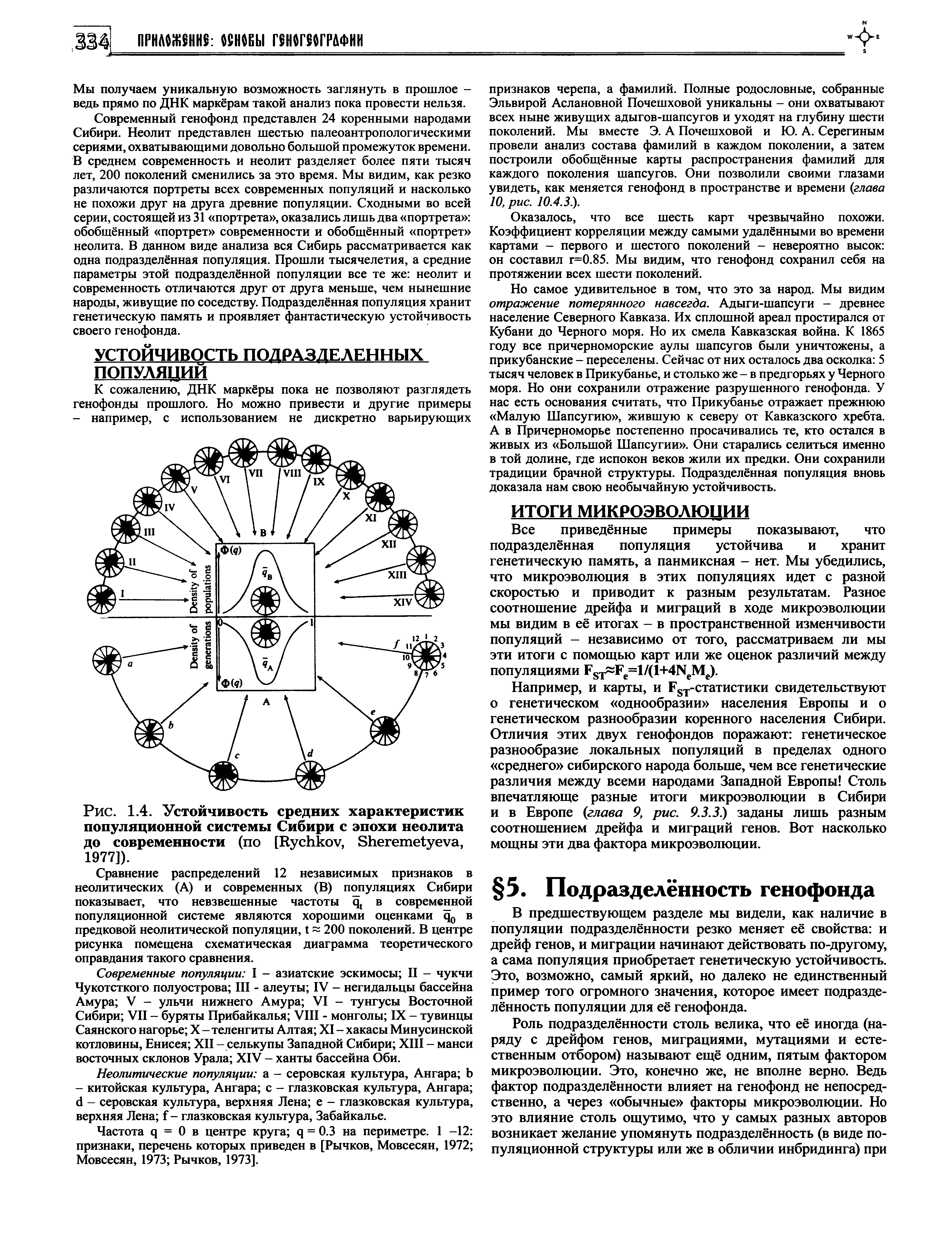 Рис. 1.4. Устойчивость средних характеристик популяционной системы Сибири с эпохи неолита до современности (по [R , S , 1977]).