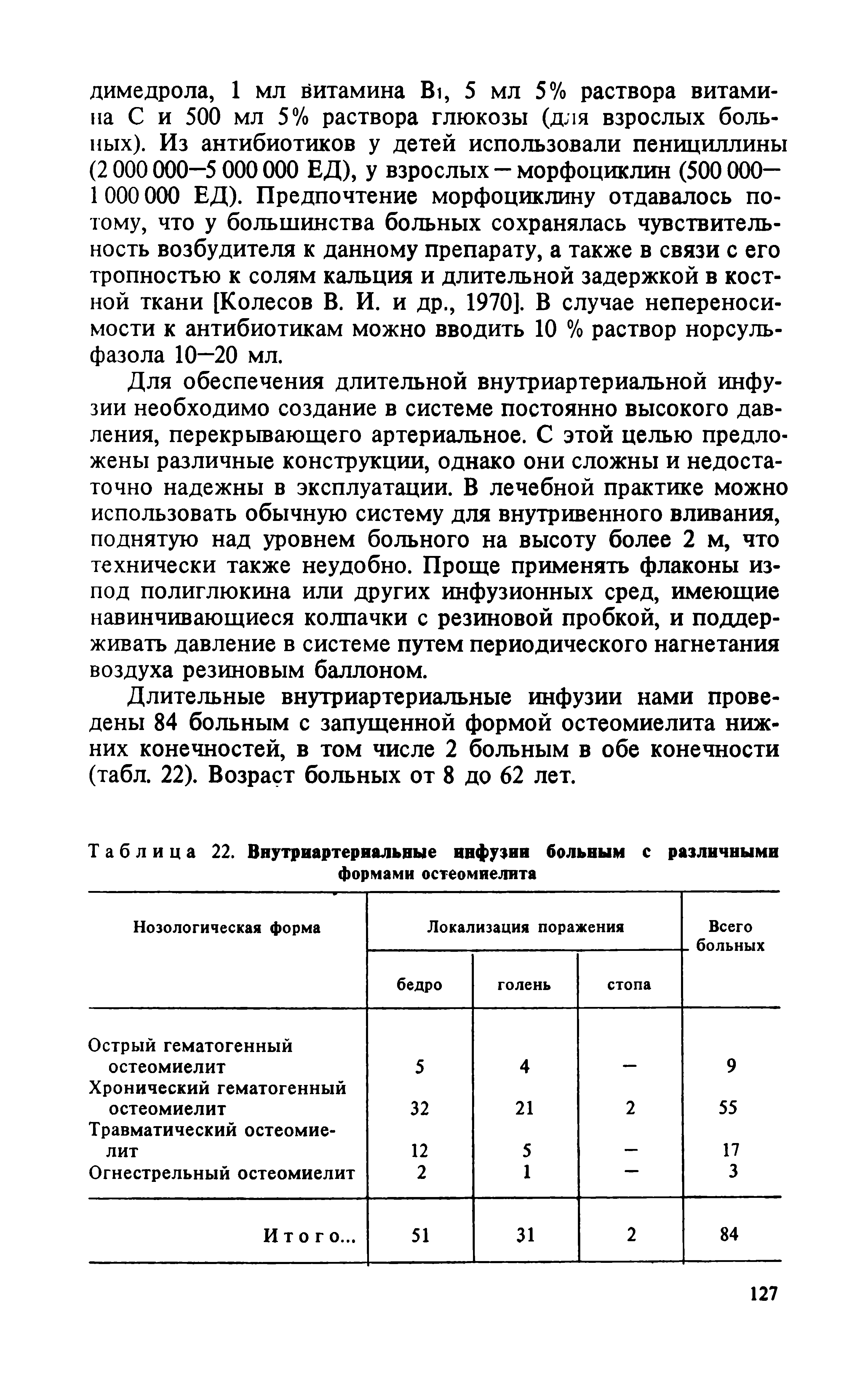 Таблица 22. Внутриартериальные инфузии больным с различными формами остеомиелита...