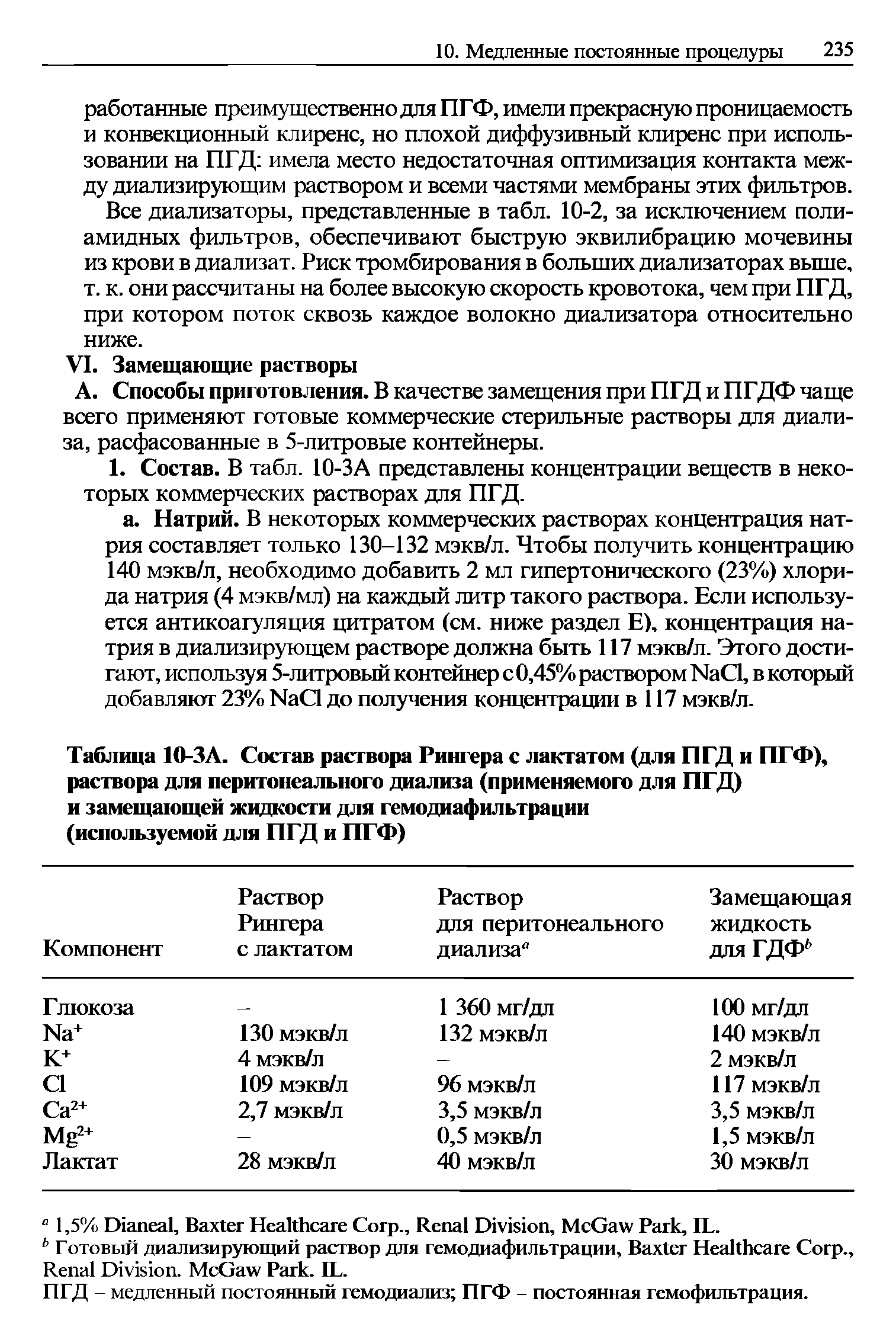 Таблица 10-ЗА. Состав раствора Рингера с лактатом (для ПГД и ПГФ), раствора для перитонеального диализа (применяемого для ПГД) и замещающей жидкости для гемодиафильтрации (используемой для ПГД и 111Ф)...