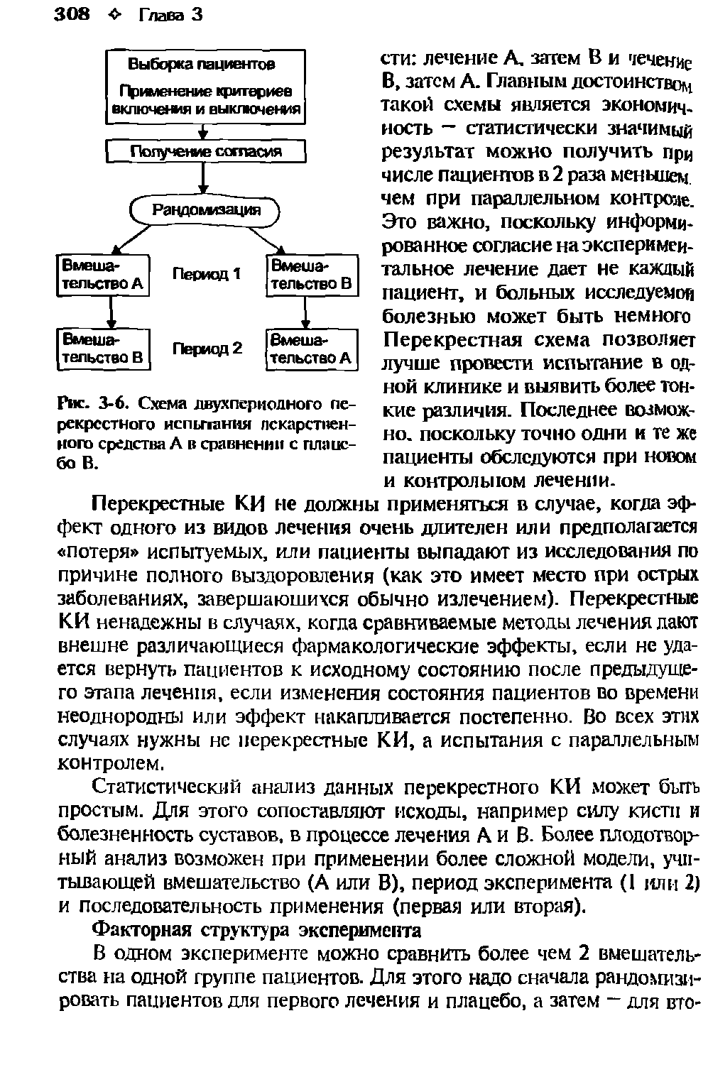 Рис. 3-6. Схема лвухпериодного перекрестного испытания лекарственного средства А в сравнении с плацебо В.