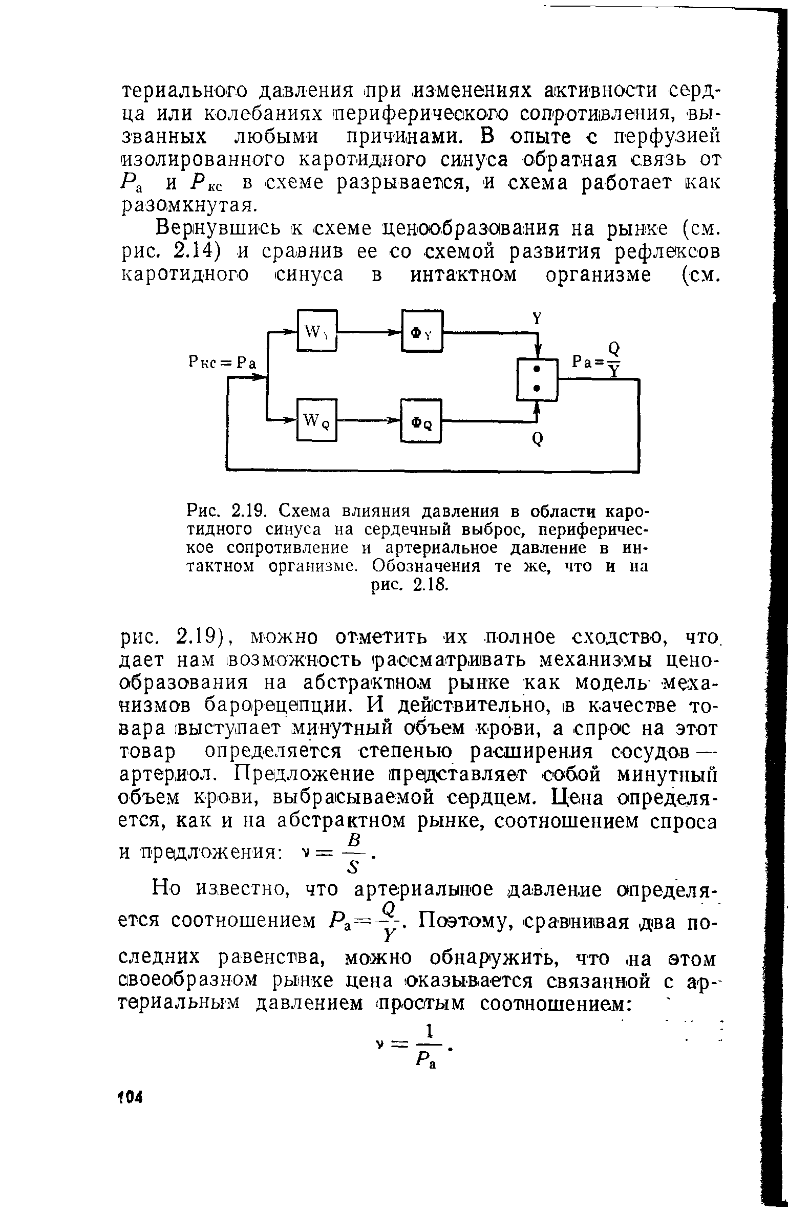 Рис. 2.19. Схема влияния давления в области каротидного синуса на сердечный выброс, периферическое сопротивление и артериальное давление в интактном организме. Обозначения те же, что и на рис. 2.18.