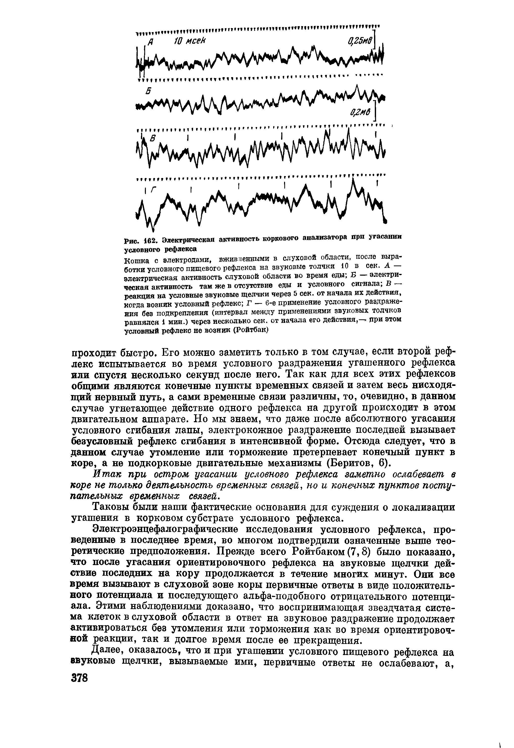 Рис. 162. Электрическая активность коркового анализатора при угасании условного рефлекса...