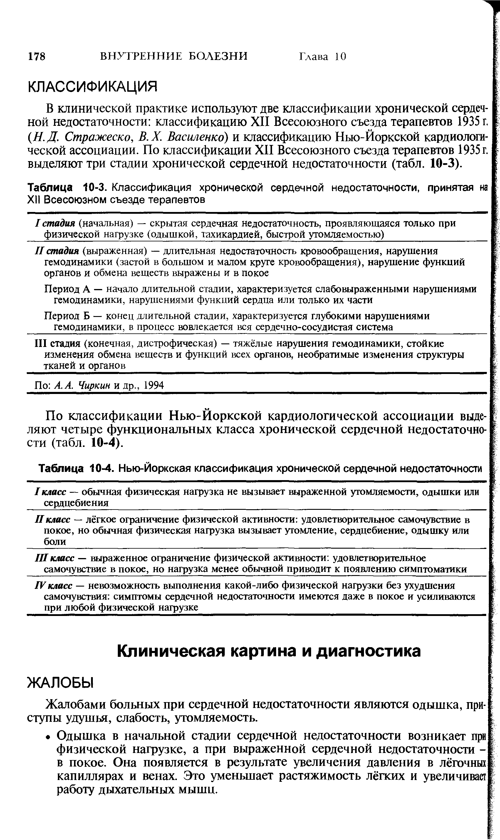 Таблица 10-3. Классификация хронической сердечной недостаточности, принятая на XII Всесоюзном съезде терапевтов...