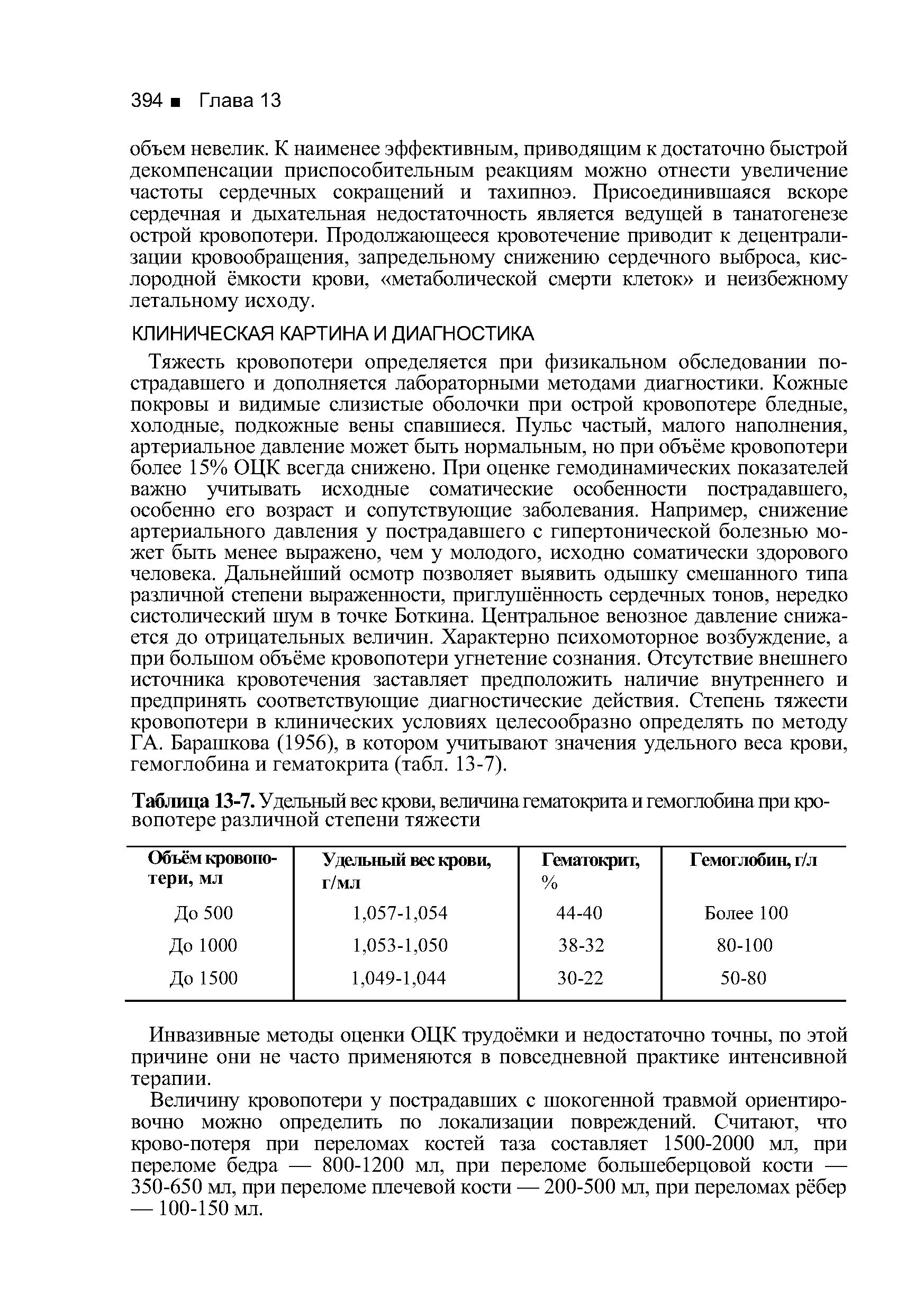 Таблица 13-7. Удельный вес крови, величина гематокрита и гемоглобина при кровопотере различной степени тяжести...