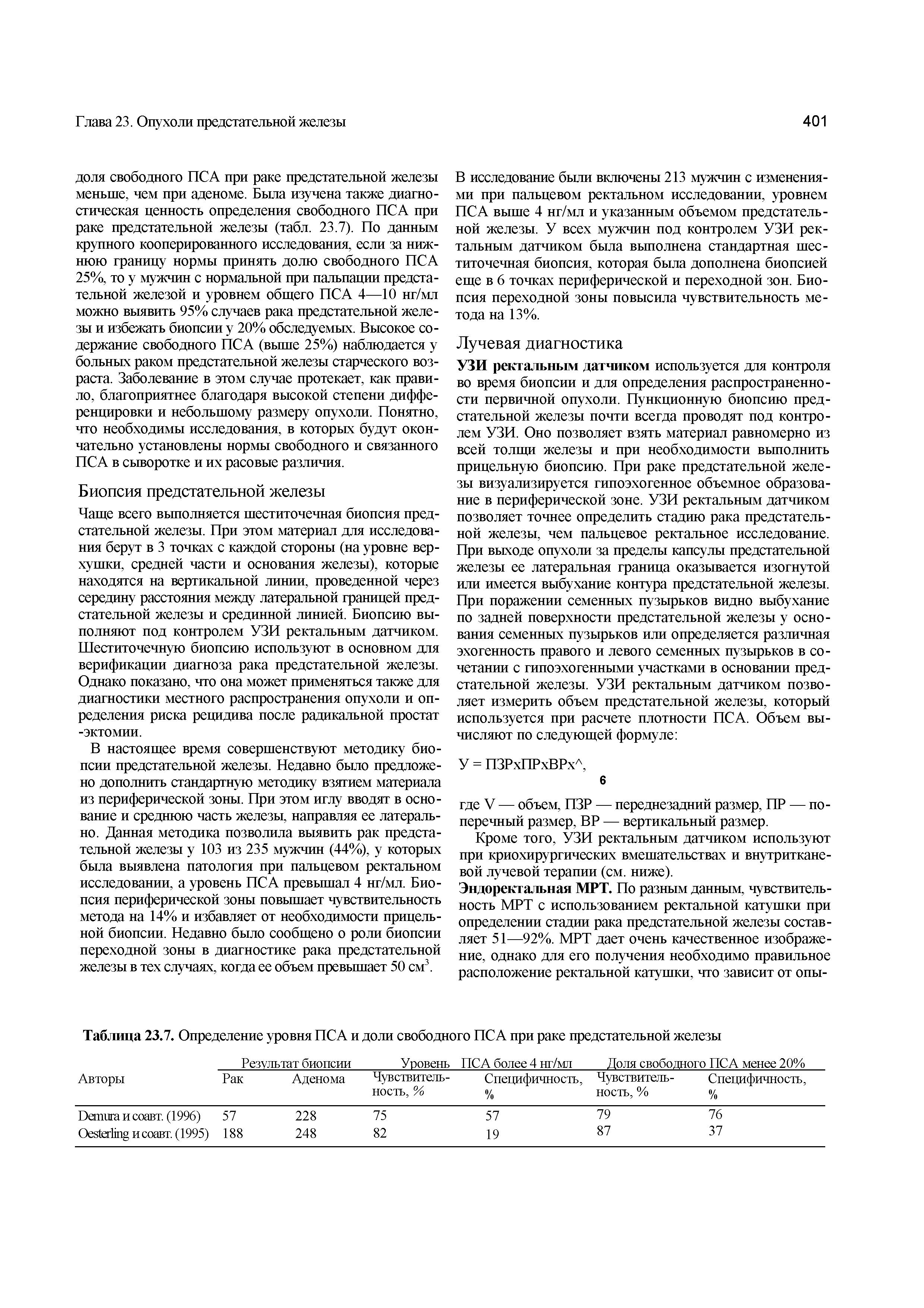 Таблица 23.7. Определение уровня ПСА и доли свободного ПСА при раке предстательной железы...