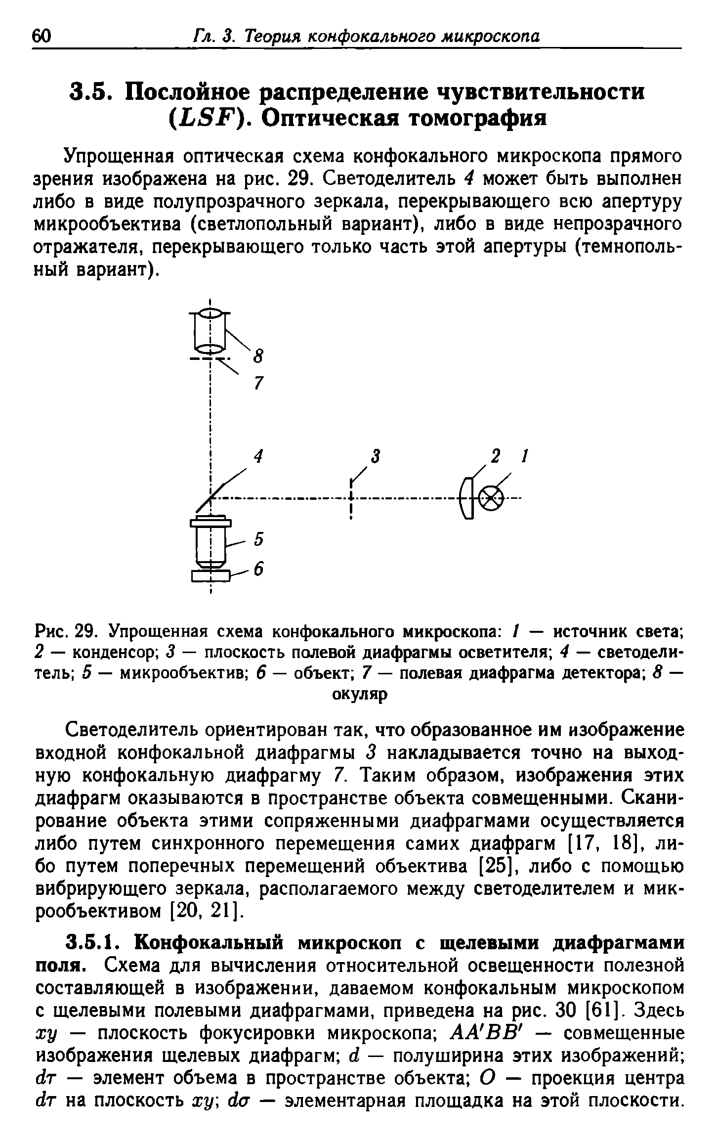 Рис. 29. Упрощенная схема конфокального микроскопа / — источник света 2 — конденсор 3 — плоскость полевой диафрагмы осветителя 4 — светоделитель 5 — микрообъектив 6 — объект 7 — полевая диафрагма детектора 8 — окуляр...