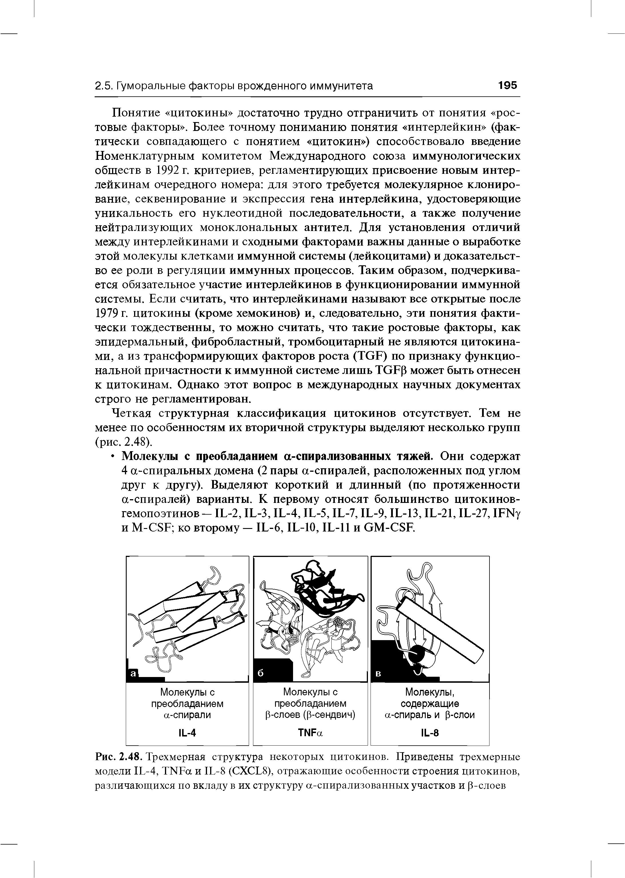 Рис. 2.48. Трехмерная структура некоторых цитокинов. Приведены трехмерные модели IL-4, TNF и IL-8 (CXCL8), отражающие особенности строения цитокинов, различающихся по вкладу в их структуру -спирализованных участков и р-слоев...