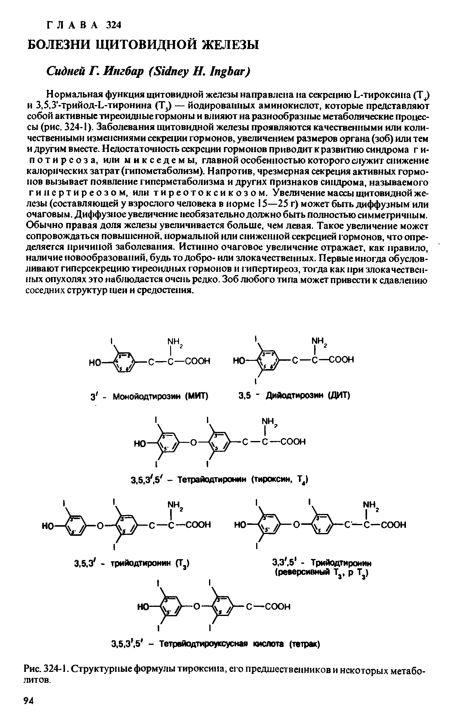 Рис. 324-1. Структурные формулы тироксина, его предшественников и некоторых метаболитов.