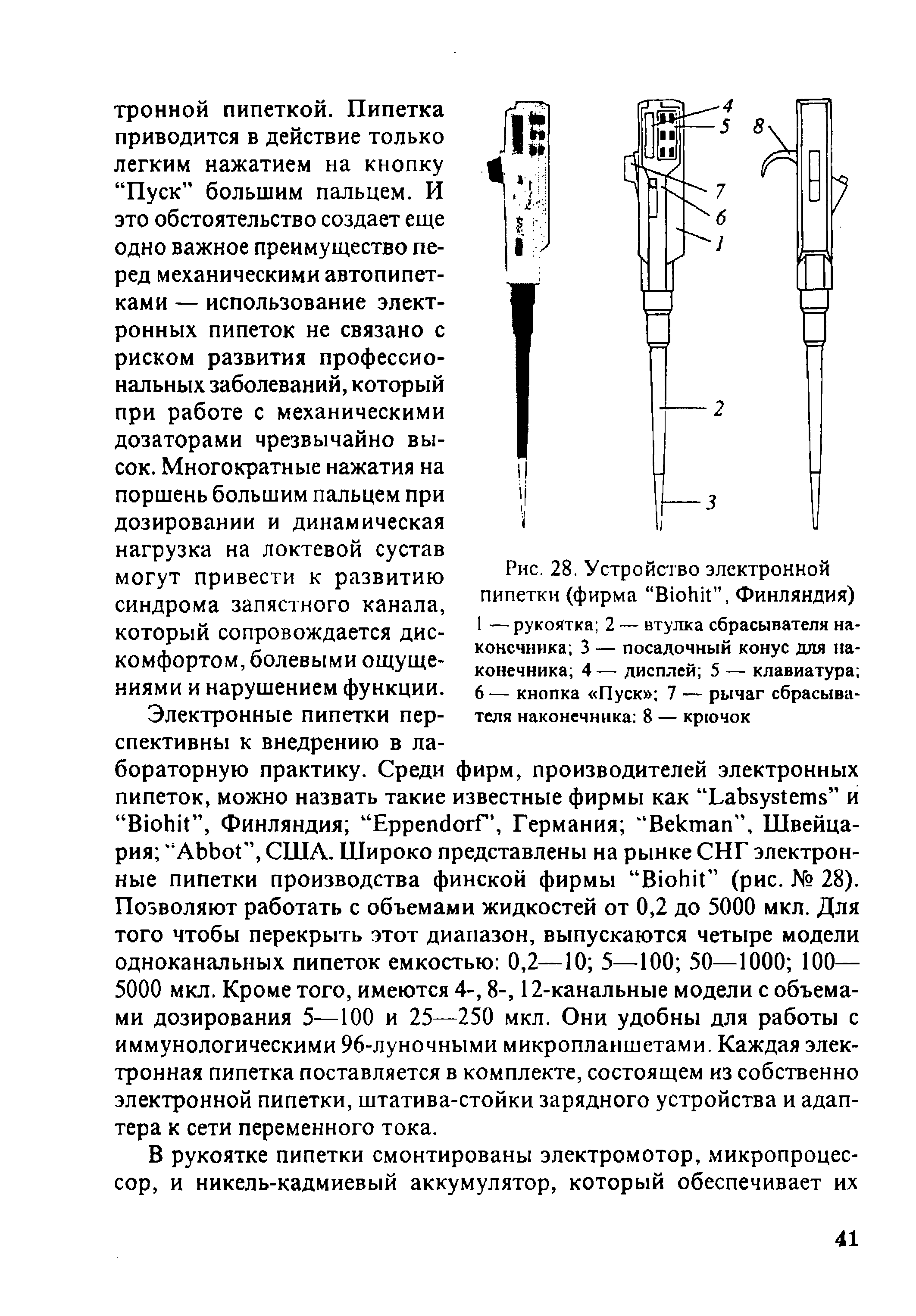 Рис. 28. Устройство электронной пипетки (фирма ВюНГ, Финляндия) 1 —рукоятка 2 — втулка сбрасывателя наконечника 3 — посадочный конус для наконечника 4 — дисплей 5 — клавиатура 6 — кнопка Пуск 7 — рычаг сбрасывателя наконечника 8 — крючок...