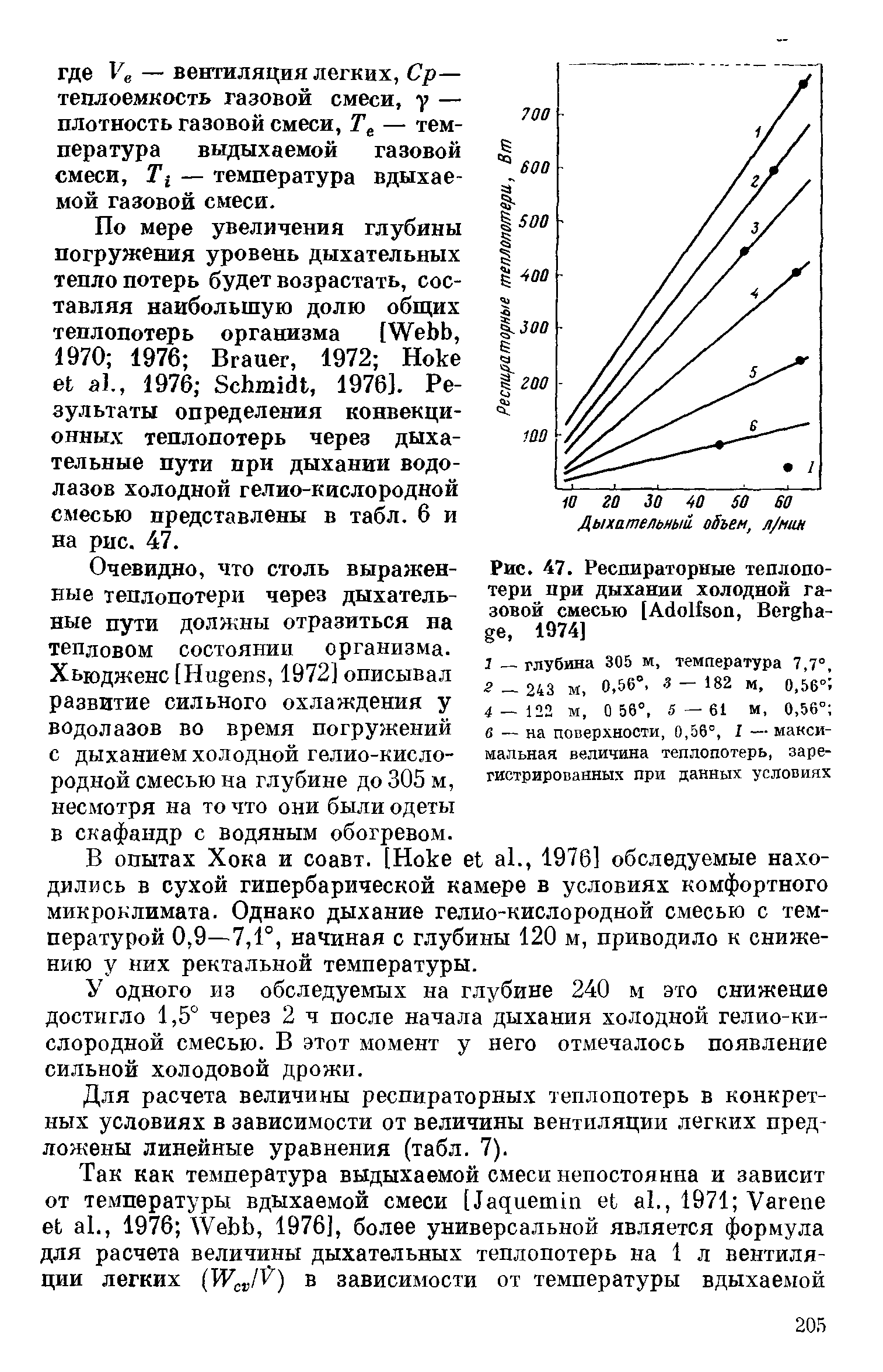 Рис. 47. Респираторные теплопотери при дыхании холодной газовой смесью [A , B - , 1974]...