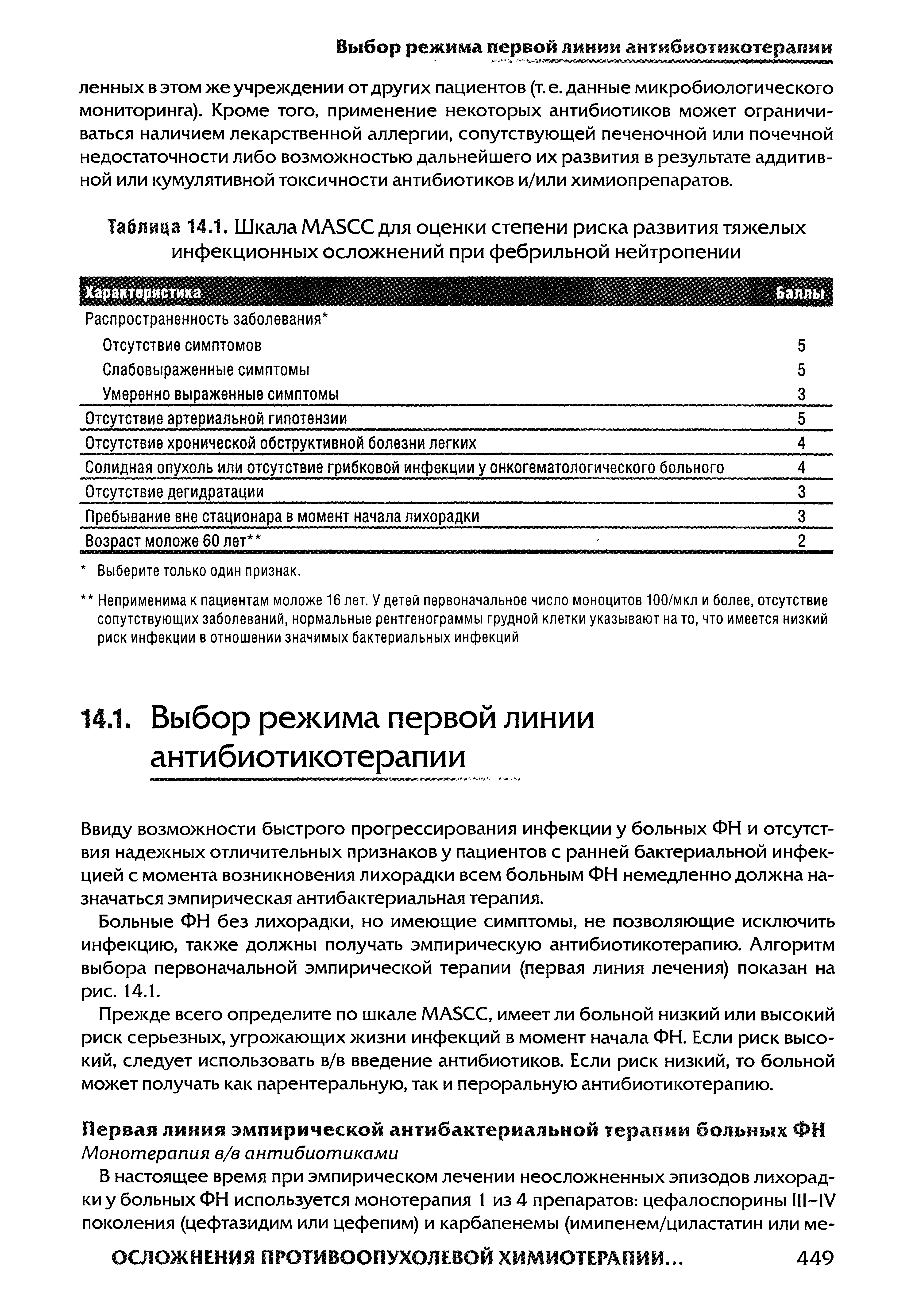 Таблица 14.1. Шкала МАБСС для оценки степени риска развития тяжелых инфекционных осложнений при фебрильной нейтропении...