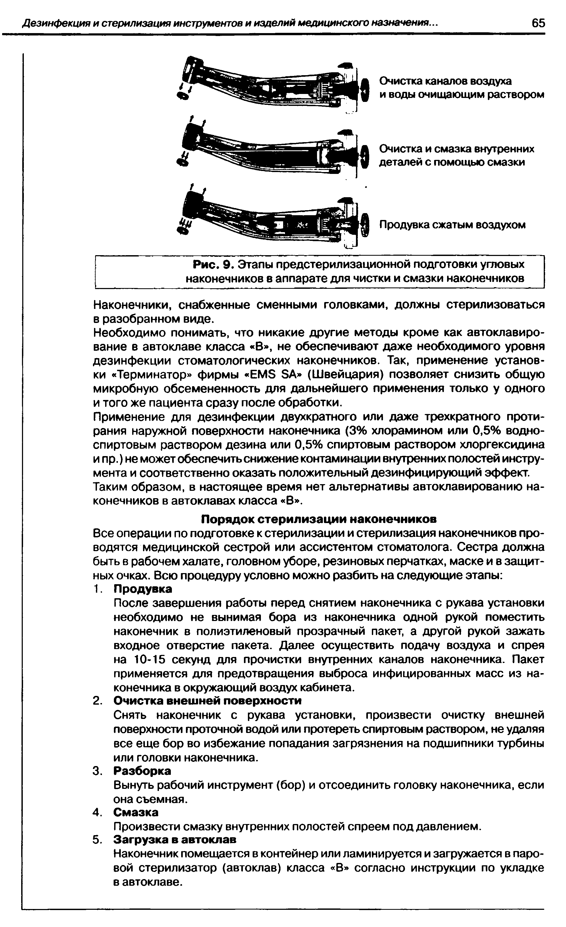 Рис. 9. Этапы предстерилизационной подготовки угловых наконечников в аппарате для чистки и смазки наконечников...