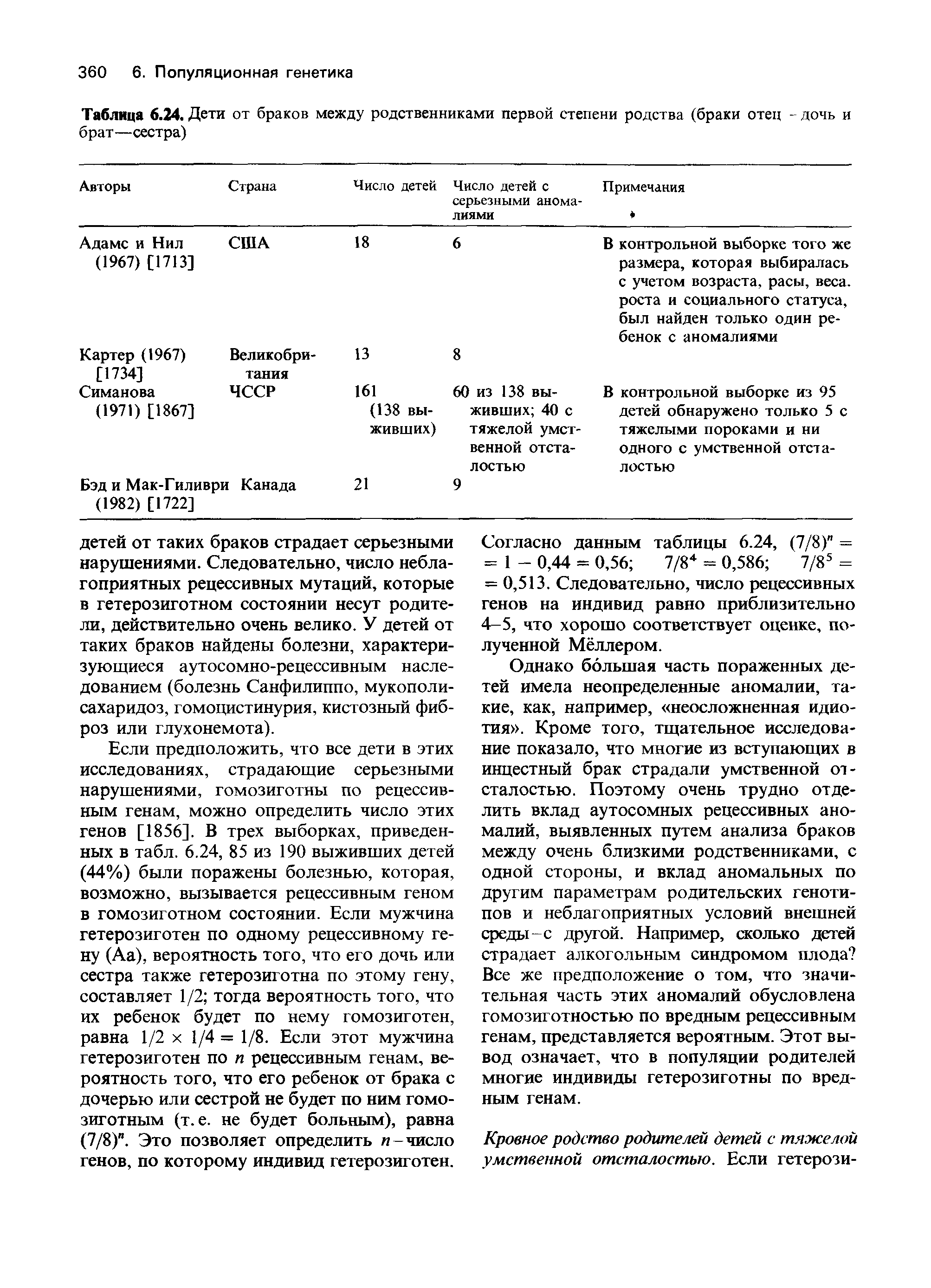 Таблица 6.24. Дети от браков между родственниками первой степени родства (браки отец - дочь и брат—сестра)...