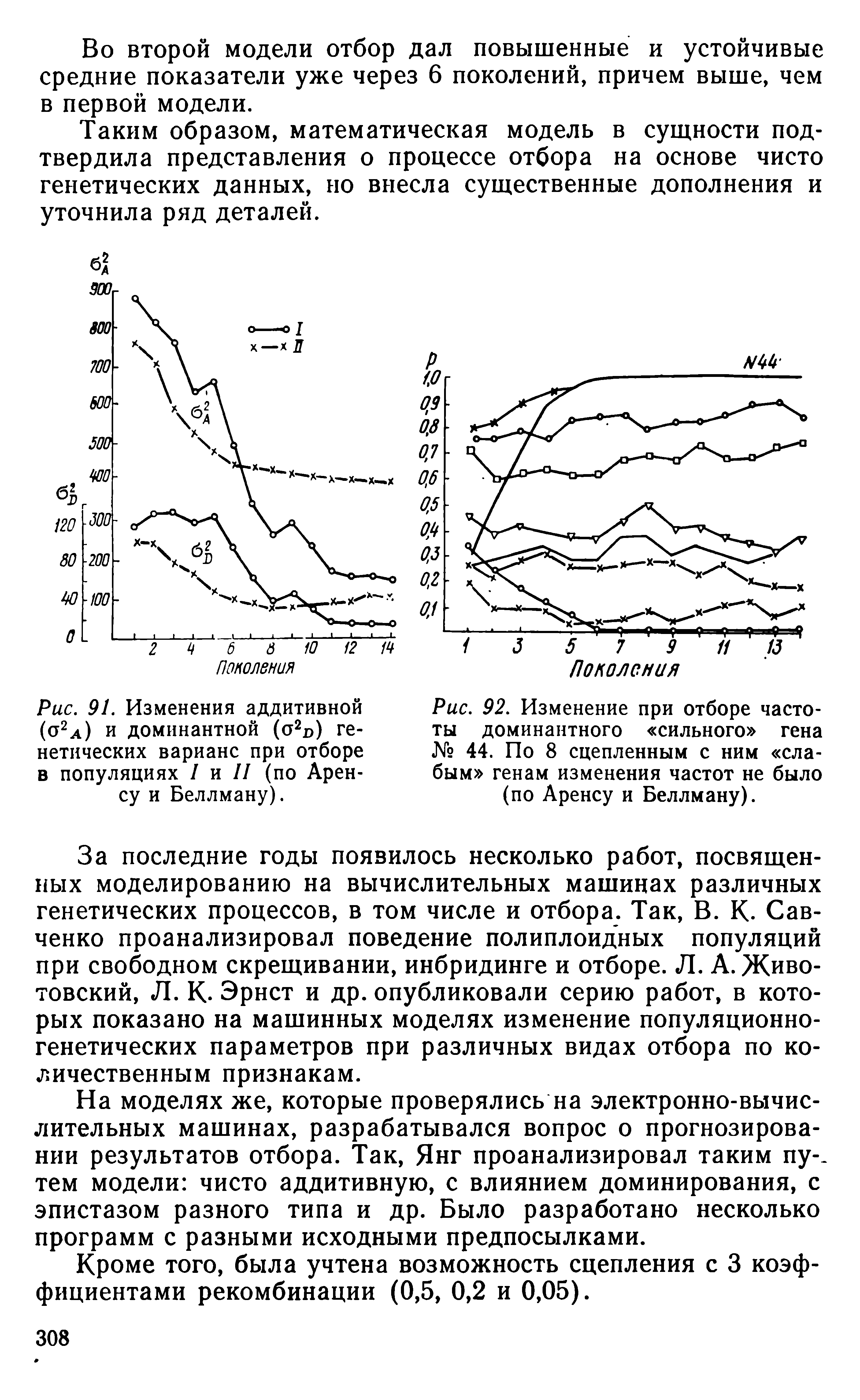 Рис. 91. Изменения аддитивной (о2а) и доминантной (о2р) генетических варианс при отборе в популяциях I и II (по Аренсу и Веллману).