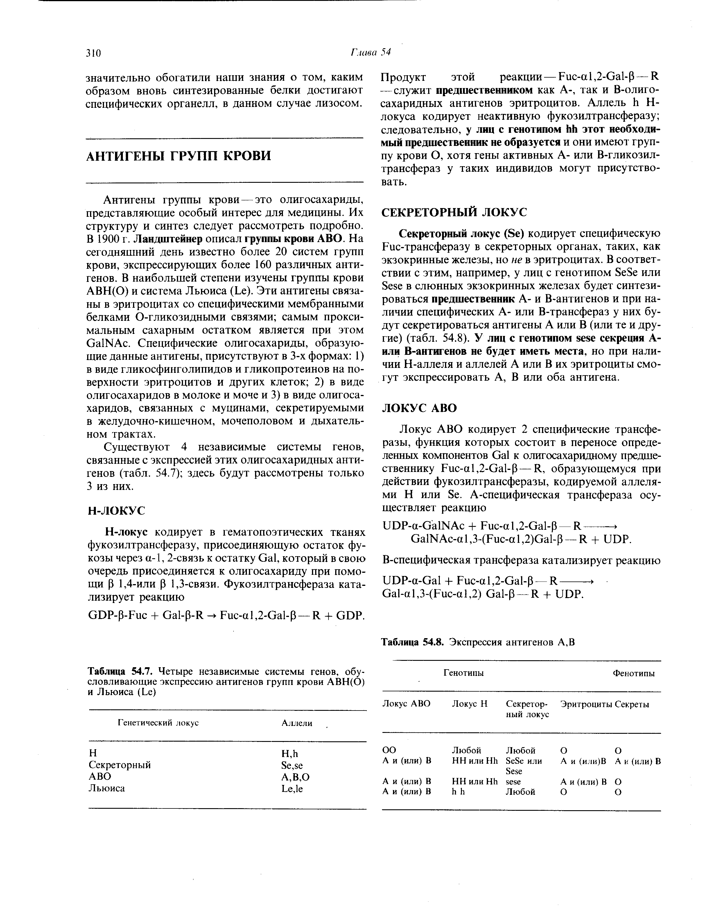 Таблица 54.7. Четыре независимые системы генов, обусловливающие экспрессию антигенов групп крови АВН(О) и Льюиса (Ье)...