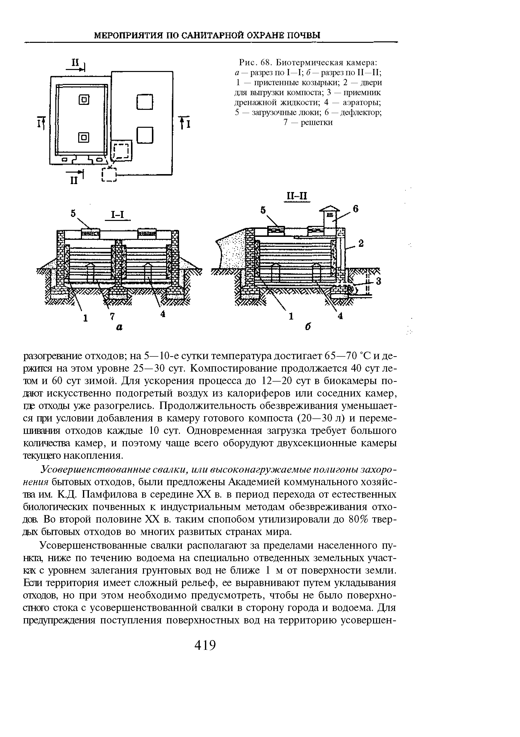 Рис. 68. Биотермическая камера а — разрез по 1—1 б — разрез по II—II 1 — пристенные козырьки 2 — двери для выгрузки компоста 3 — приемник дренажной жидкости 4 — аэраторы 5 — загрузочные люки 6 — дефлектор ...